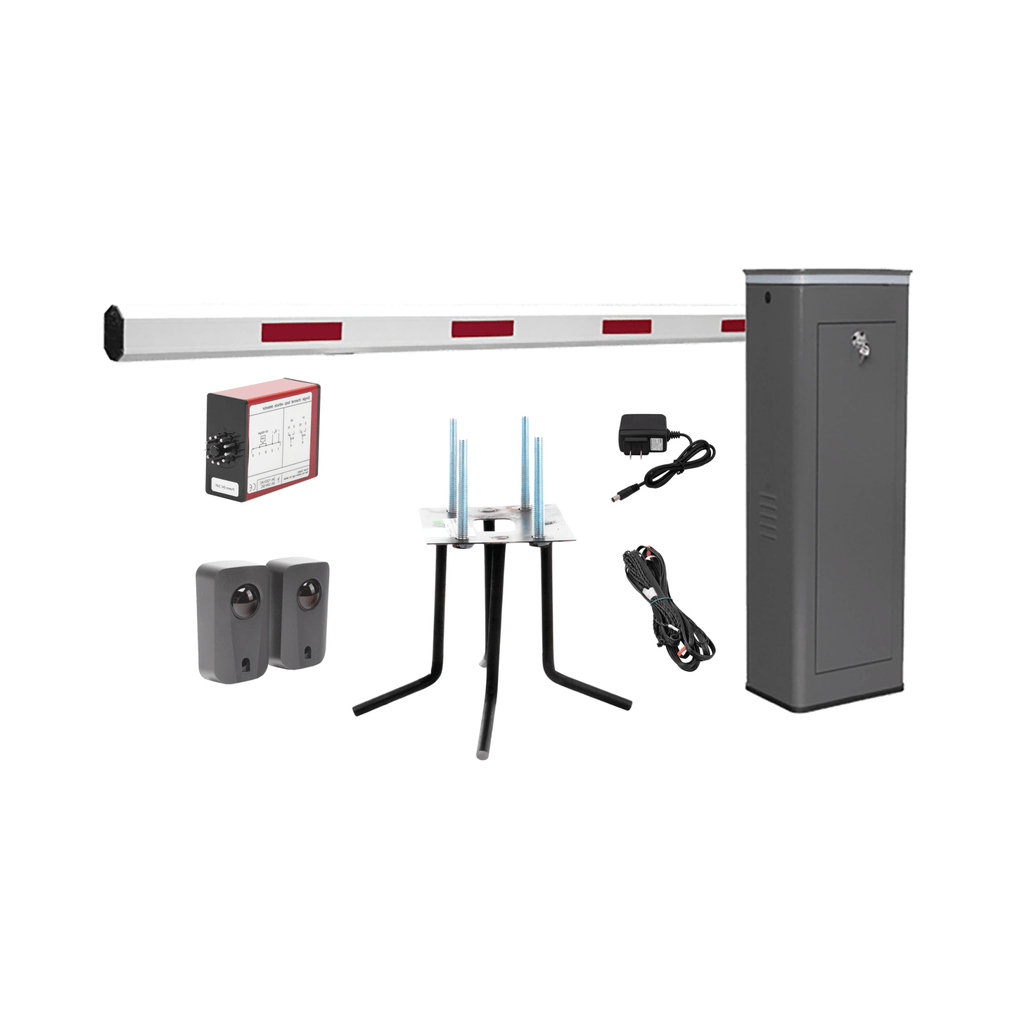 Kit COMPLETO Barrera Izquierda XBS Con Corona LED / Brazo de 5.5 Metros / Incluye Sensor de Masa, Transformador, Lazo Magnético, Ancla, Fotoceldas y 2 Controles Inalámbricos KIT-XBS-3L