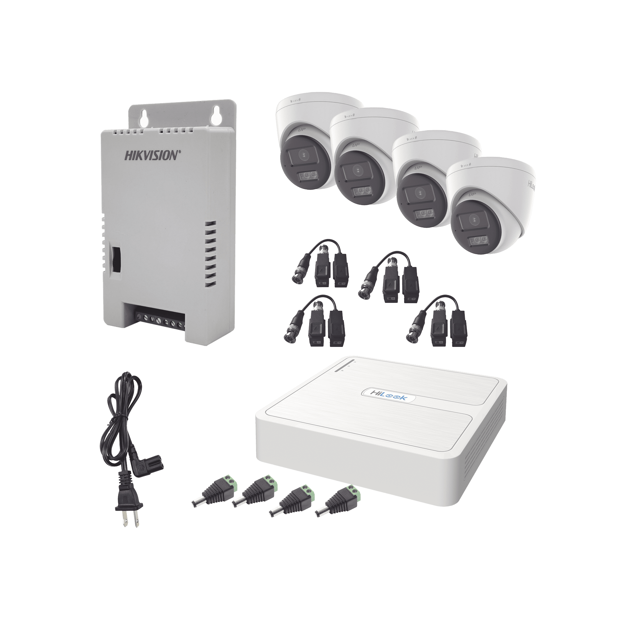 Kit HiLook Audio Bidireccional TurboHD 1080p / DVR 4 Canales / 4 Cámaras Eyeball (Exterior) con Bocina y Microfóno Integrado / 1 Fuente de Poder / Accesorios HL-1080P-4E-TWA