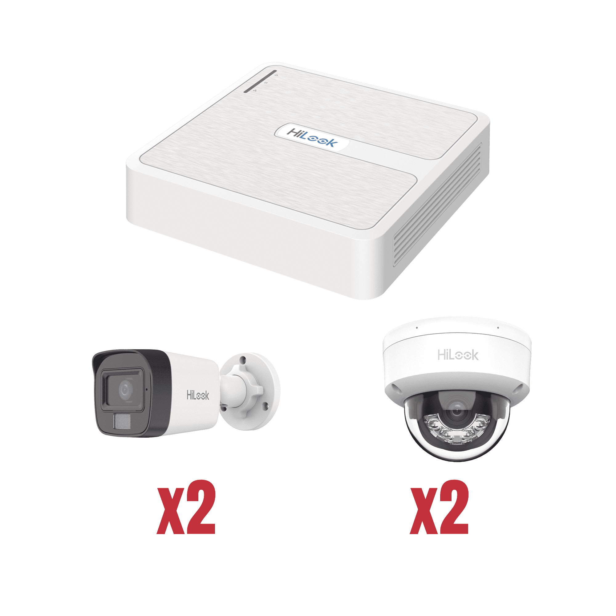 Kit IP 1080p (2 Megapixel) / NVR de 4 Canales con 4 Puertos PoE / 2 Cámaras IP Bala para Exterior con microfono y Dual light / 2 Cámaras IP Domo para Exterior KIP2MP/2B2D