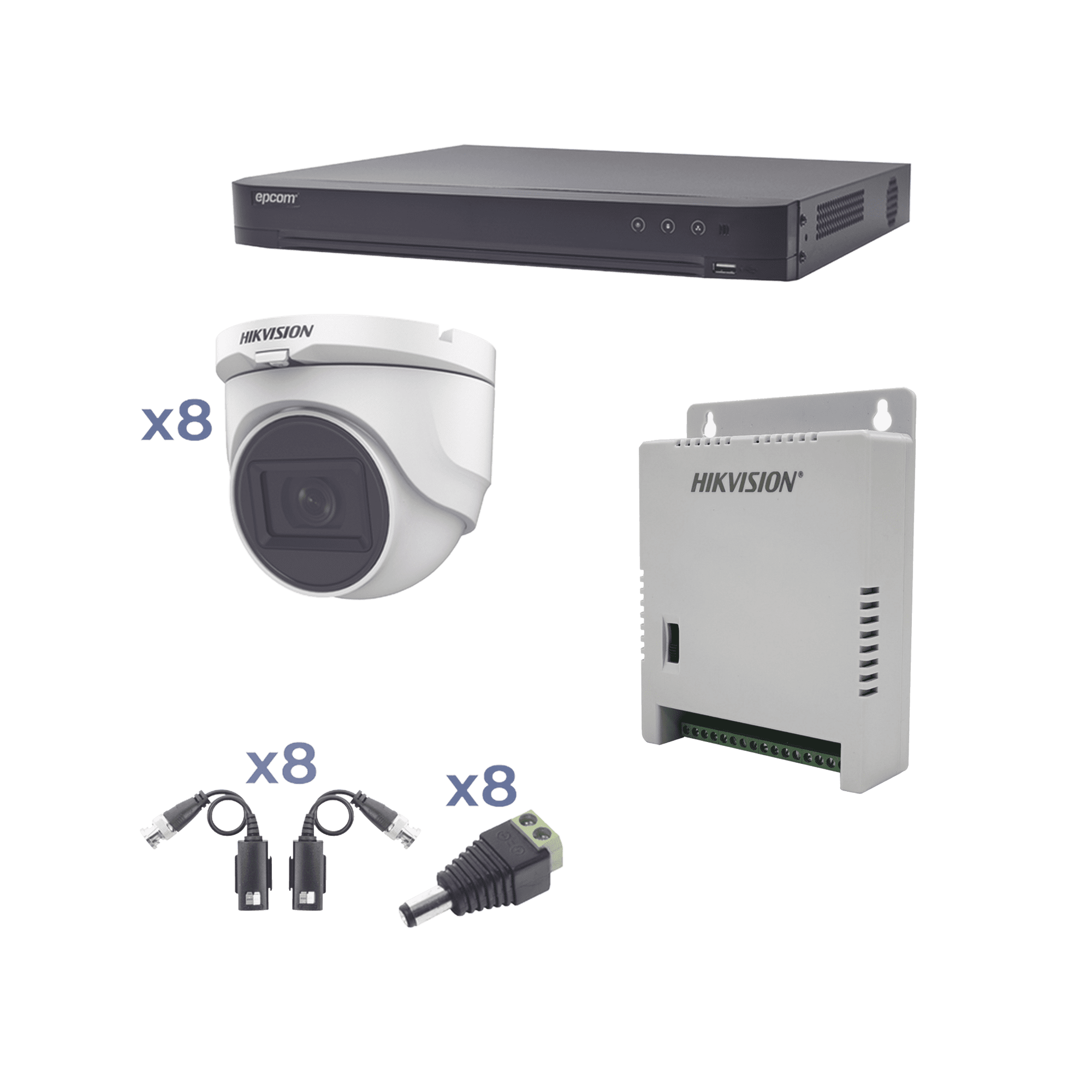 Kit TURBOHD 1080p / DVR 8 Canales / 8 Cámaras Turret (exterior 2.8 mm) / Conectores / Transceptores / Fuente de Poder Profesional hasta 15 Vcc para Larga Distancia KH1080P8DW