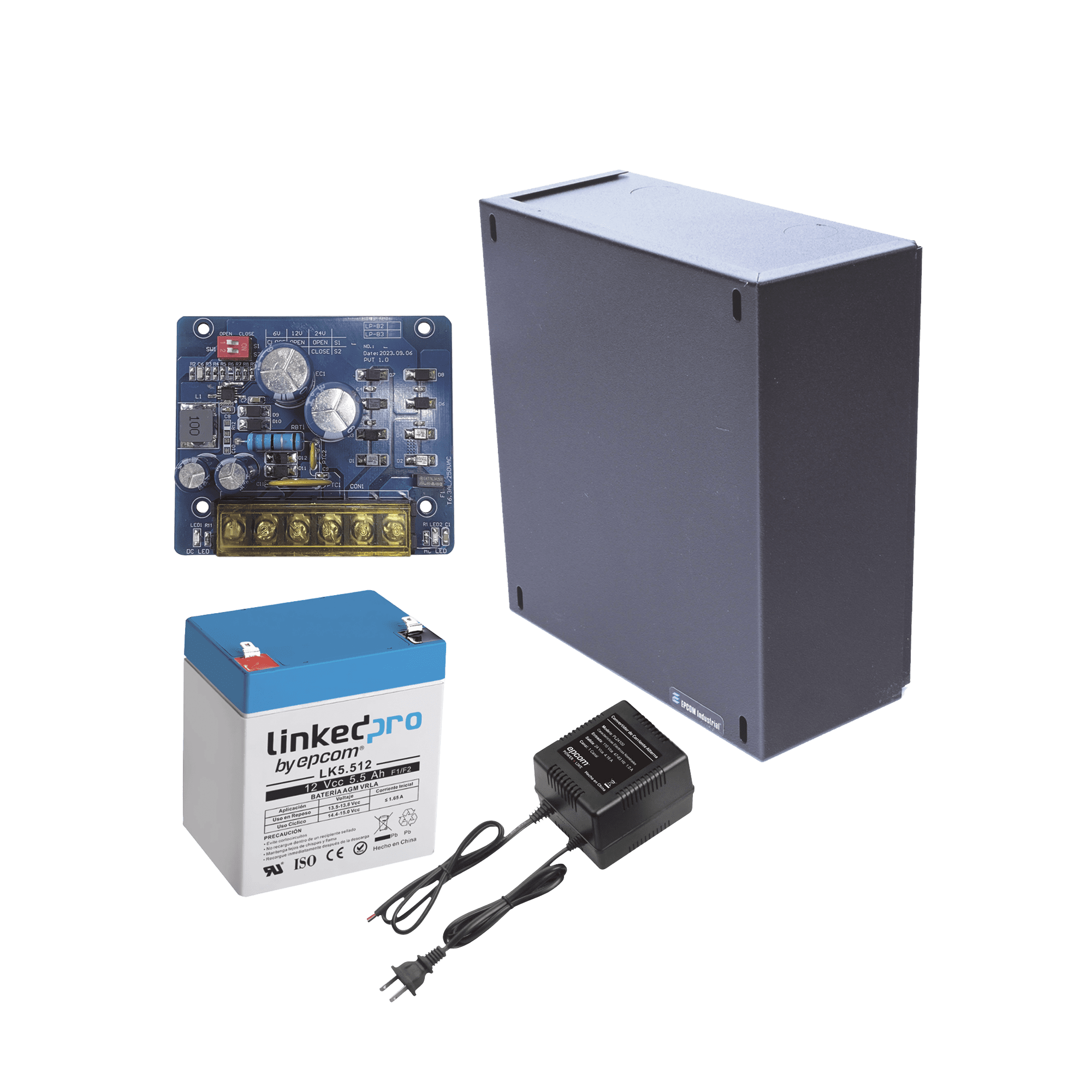 Kit con fuente PLB2 con salida de 12 Vcc a 1.5 Amper, incluye transformador y batería de 12 V a 5.5 Amper KIT16B2LK5