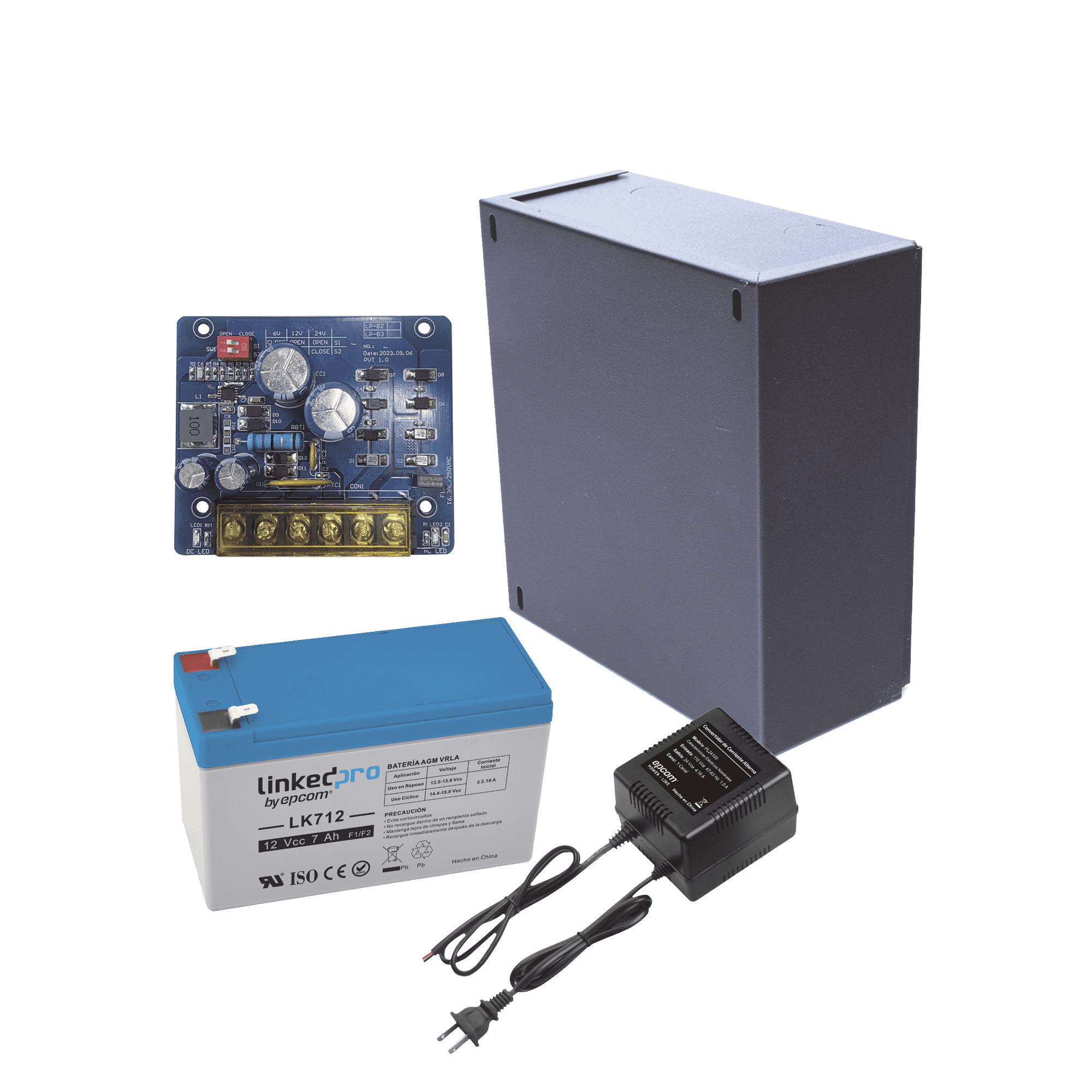 Kit con fuente PLB2 con salida de 12 Vcc a 2.5 Amper, incluye transformador y batería de 12 V a 7 Amper KIT16B2LK7