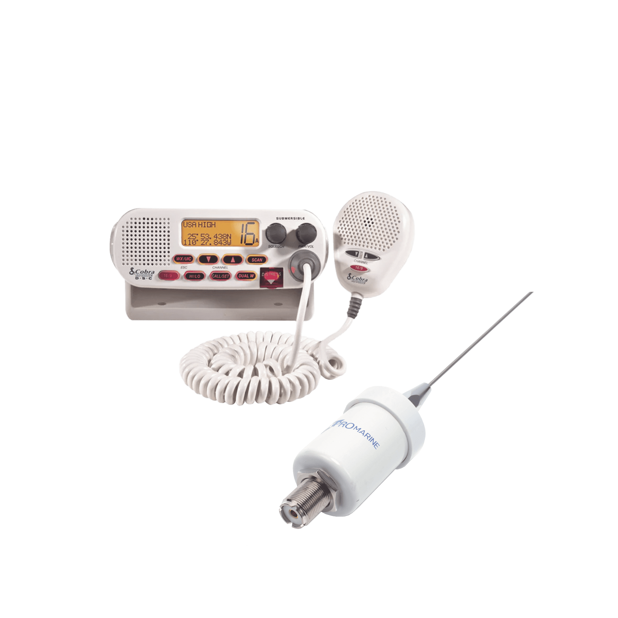 Kit de radio MRF45D | mas antena marina TX-1600-SYS. Incluye cable de 4.5 m con conectores PL-259 instalados y montaje en L MRF45D/KIT1600