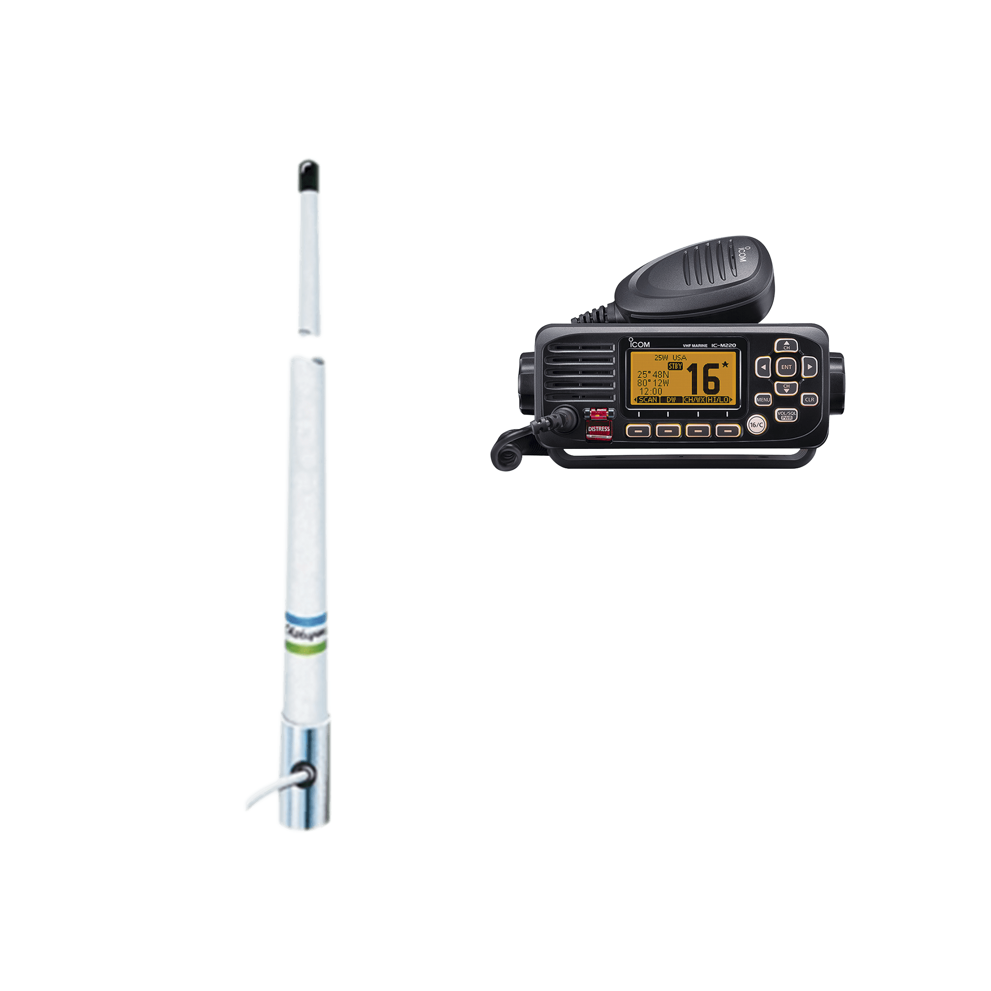 Kit de radio móvil VHF marino modelo IC-M220/13 y antena marina Shakespeare en fibra de vidrio 5101 IC-M220/5101