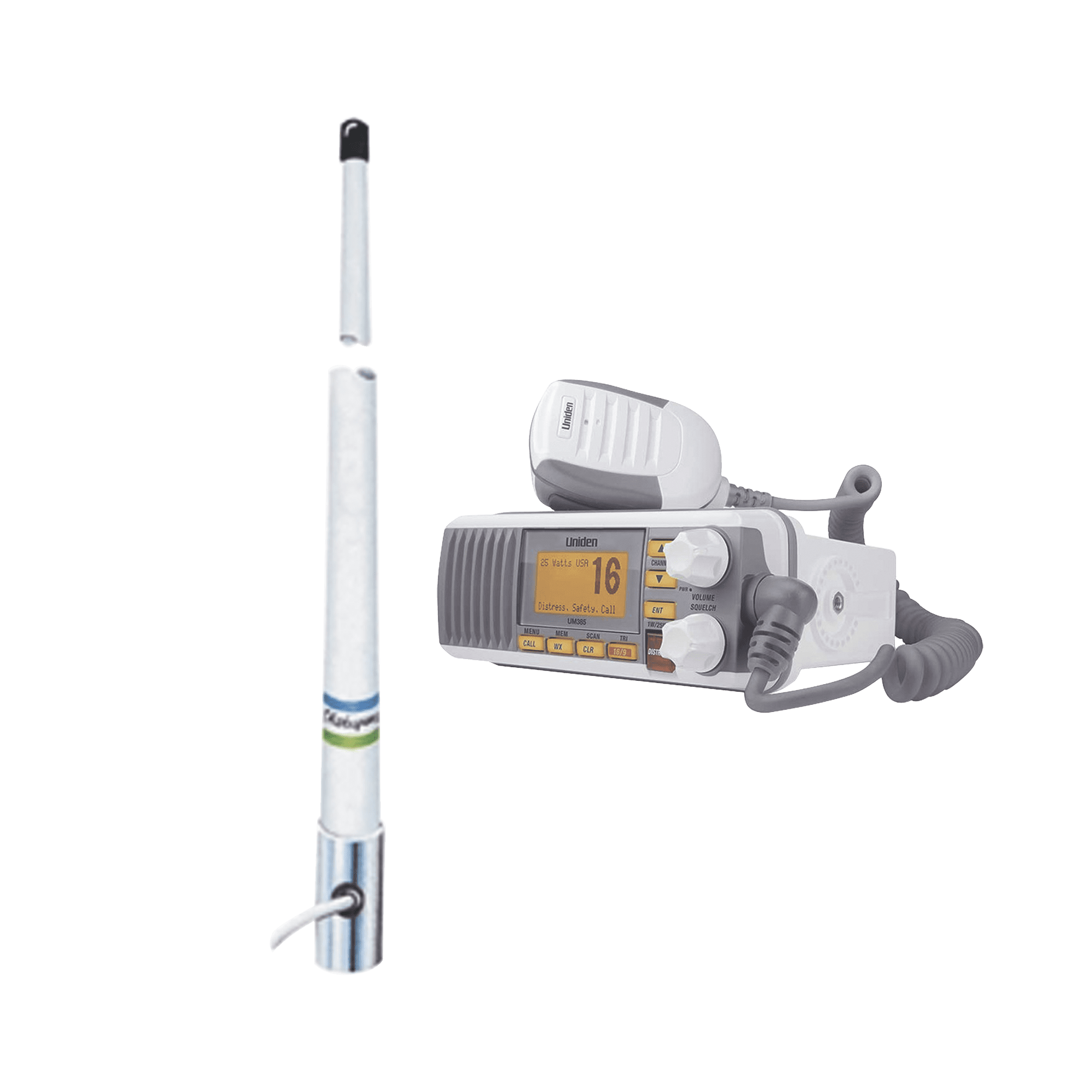 Kit de radio móvil VHF marino modelo UM-385 color blanco y antena marina Shakespeare de fibra de vidrio 5101 UM385/5101