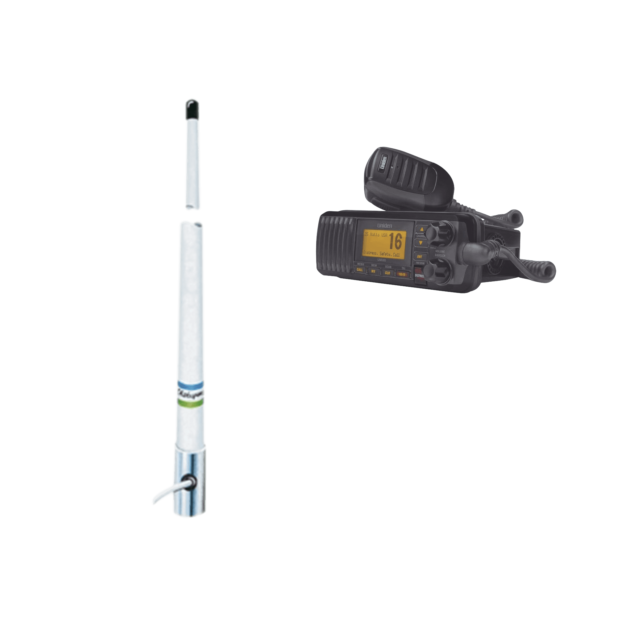 Kit de radio móvil VHF marino modelo UM-385 color negro y antena marina Shakespeare en fibra de vidrio 5101 UM-385BK/5101