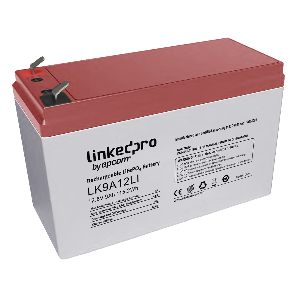 Batería de Litio 12.8 Vcc / 9 Ah / Tecnología LiFePO4 /2000 Ciclos de Vida/ Para uso en equipo electrónico, UPS (litio) / Incendio/ Control de acceso / Video Vigilancia / Terminales F1 ( Incluye adaptador para terminal F2 ) LK9A12LI