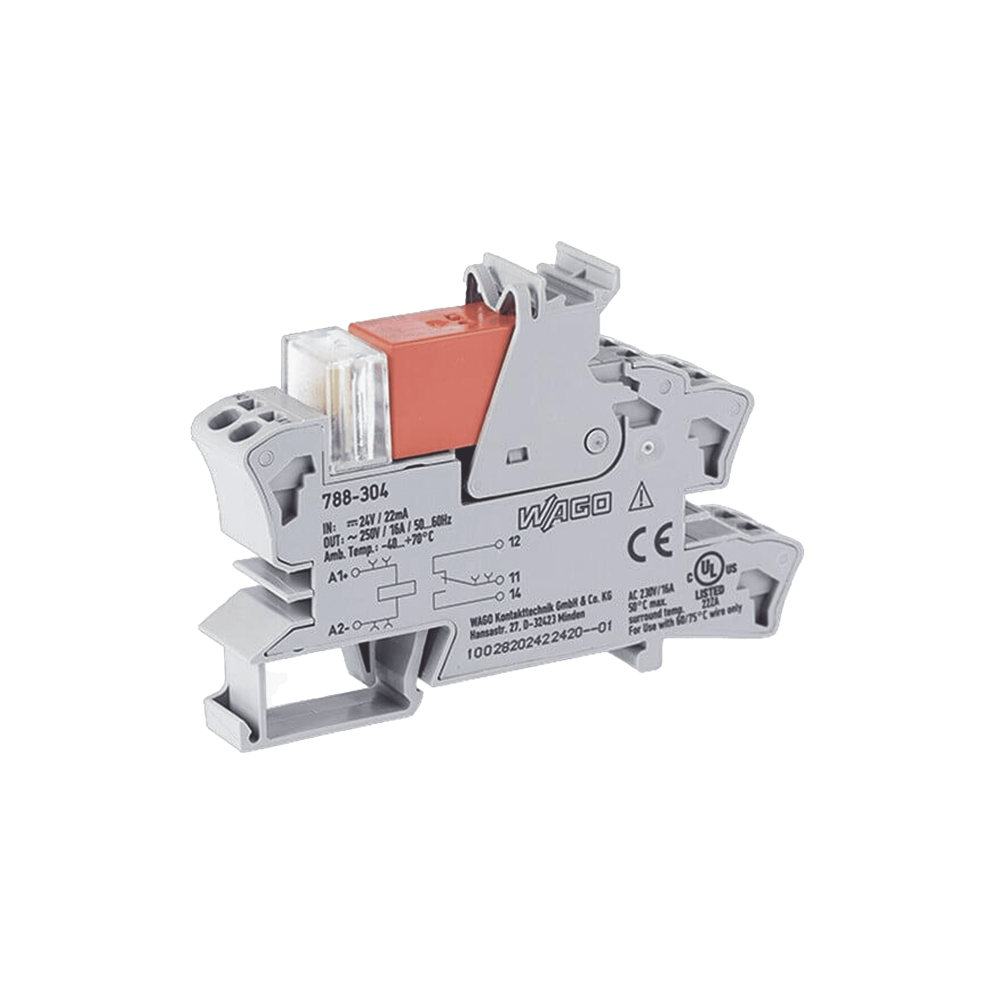 Módulo Relé Industrial, 1 Inversor, 24 VCC, 16 A, Push-in CAGE CLAMP®, LED Rojo, Gris, IP20, Carril DIN-35 788-304