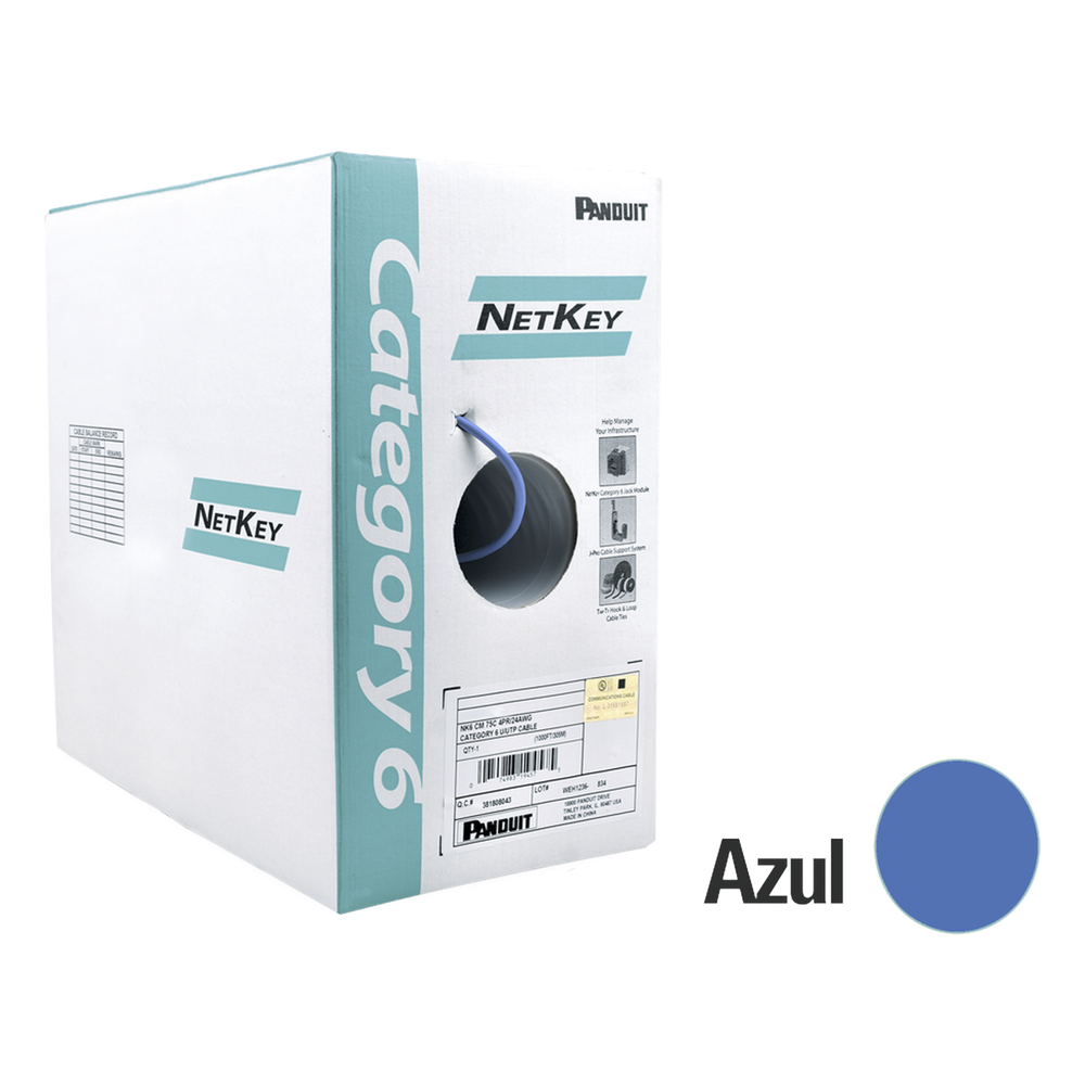 Bobina de Cable UTP 305 m. de Cobre, NetKey, Azul, Categoría 6 (24 AWG), 1000Mbps, Riser (CMR), de 4 pares NUR6C04BU-M