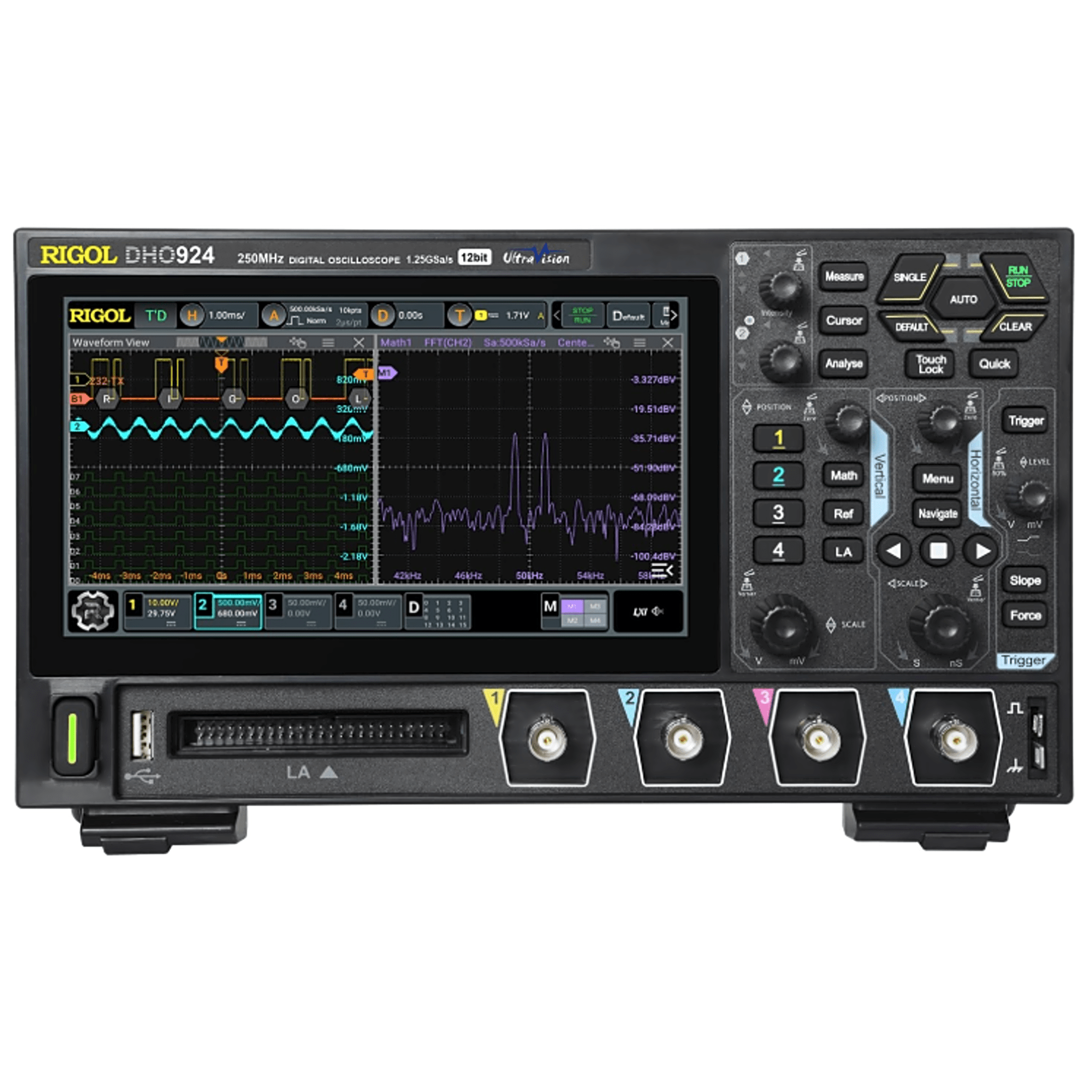 Osciloscopio Digital RIGOL de 4 Canales Análogos, 250 MHz de Ancho de Banda Análoga, Vel. de Muestreo-Tiempo Real de 1.25 GS/s. DHO924