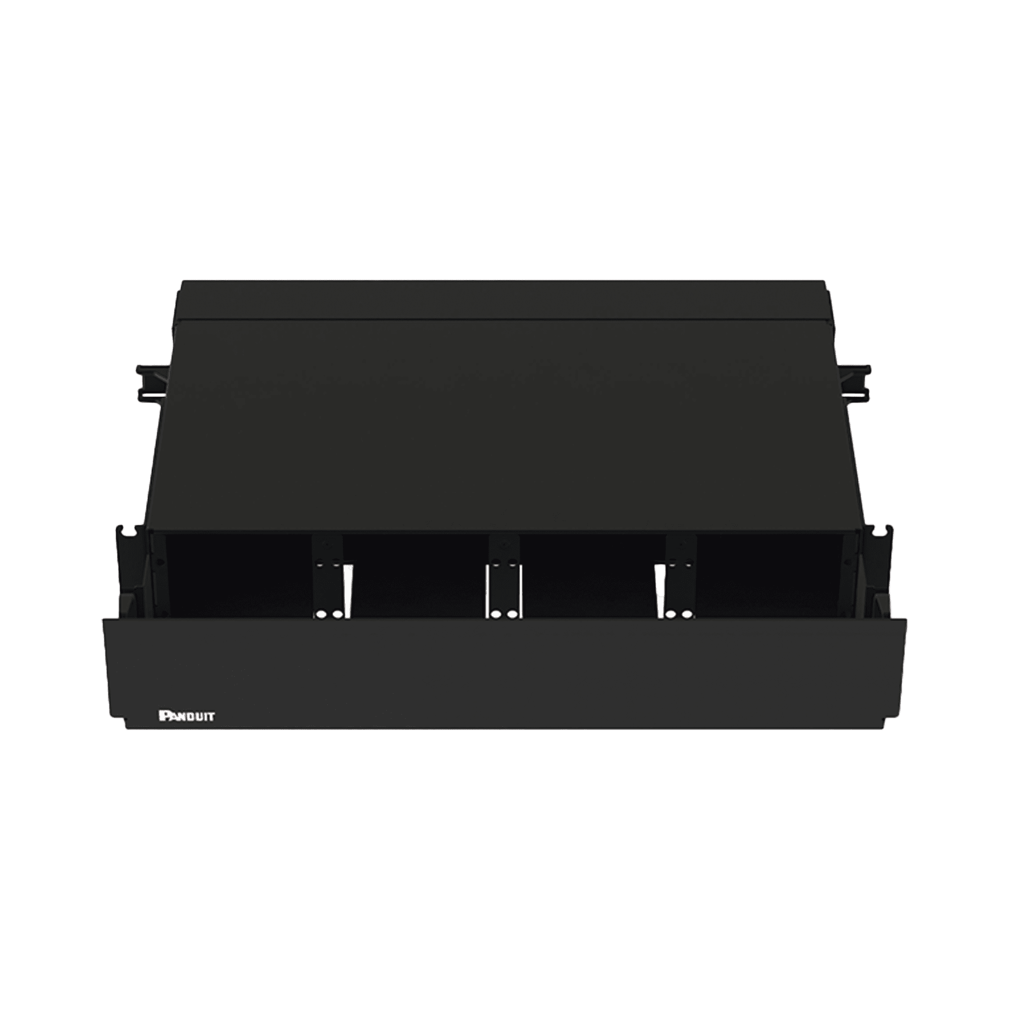 Panel de Distribución de Fibra Óptica, Acepta 8 Placas FAP o FMP, Bandeja Deslizable, Hasta 192 Fibras, Color Negro, 2 UR FRE2UBL