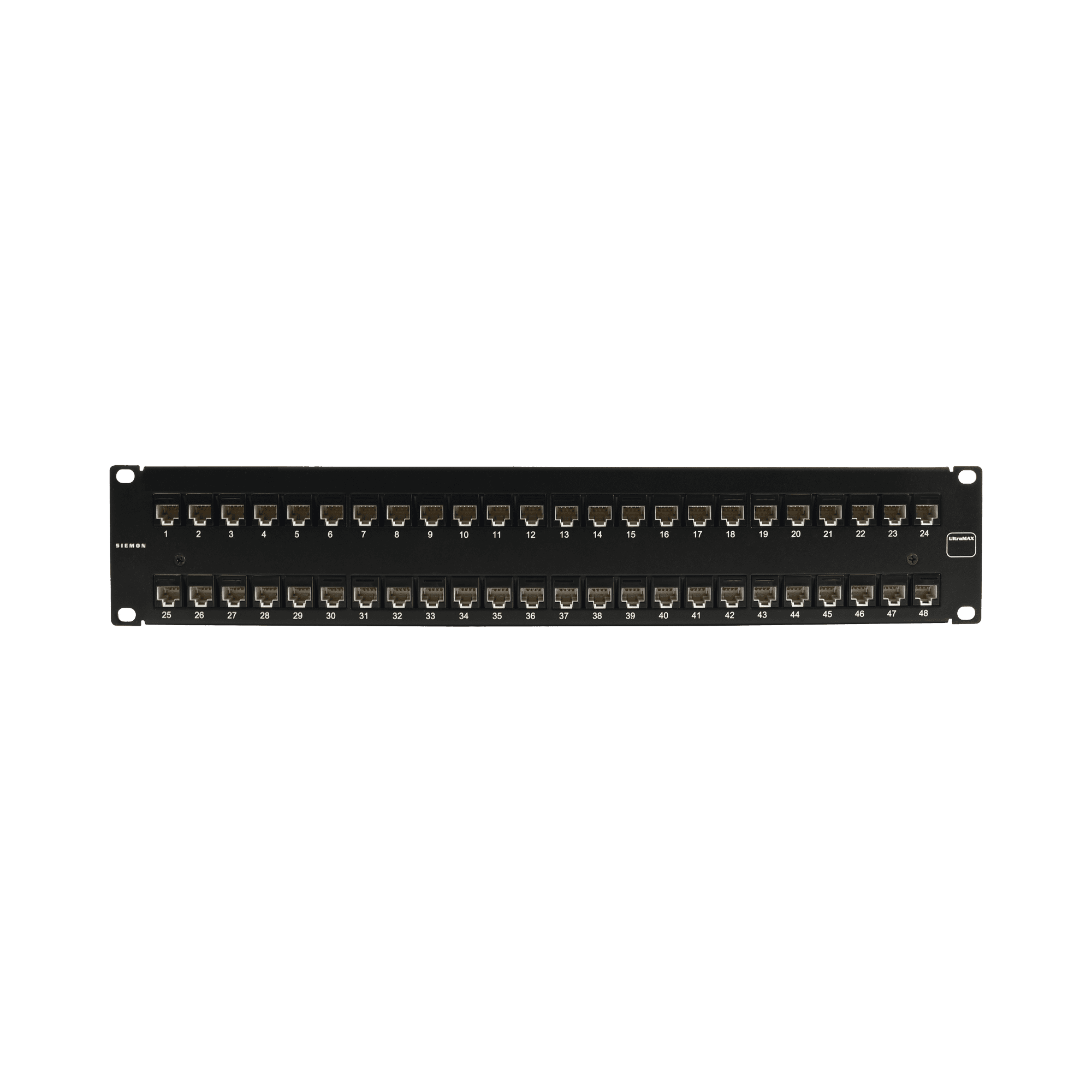 Patch Panel UltraMAX. UTP, Precargado con Jacks Cat6A, 48 Puertos, Plano, 2U UP6A-F2-48L-RS