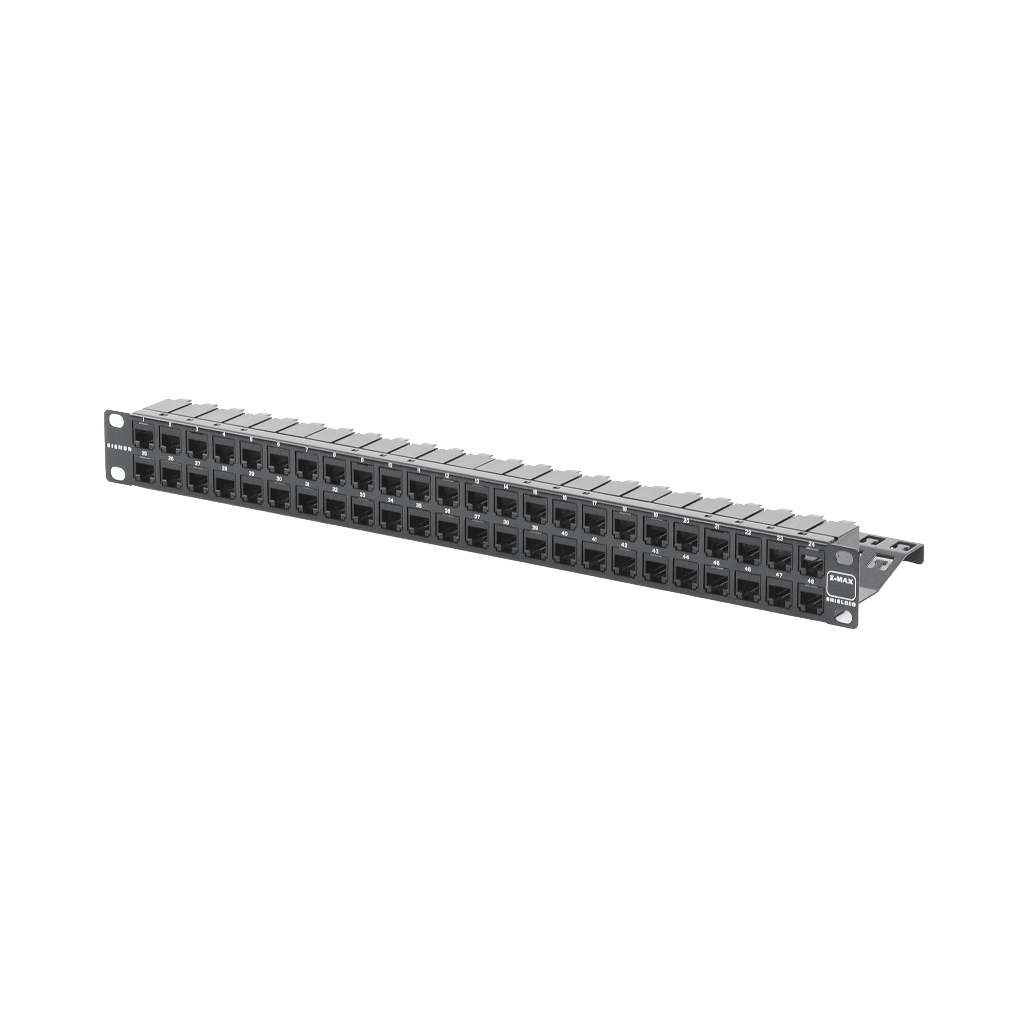 Patch Panel Z-MAX de 48 puertos, Blindado, Precargado con Jacks Categoría 6A, Plano, 1UR Z6AS-PNL-U48K
