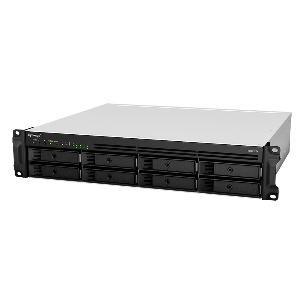 Servidor de Almacenamiento en Red Synology RackStation RS1221RP+ | 8 Bahías | Expandible a 12 Bahías | CPU AMD Ryzen V1500B | 4 GB DDR4 ECC | RAID Soportado | 10/25GbE | Virtualización Certificada | Protección de Datos Integral RS1221RP+