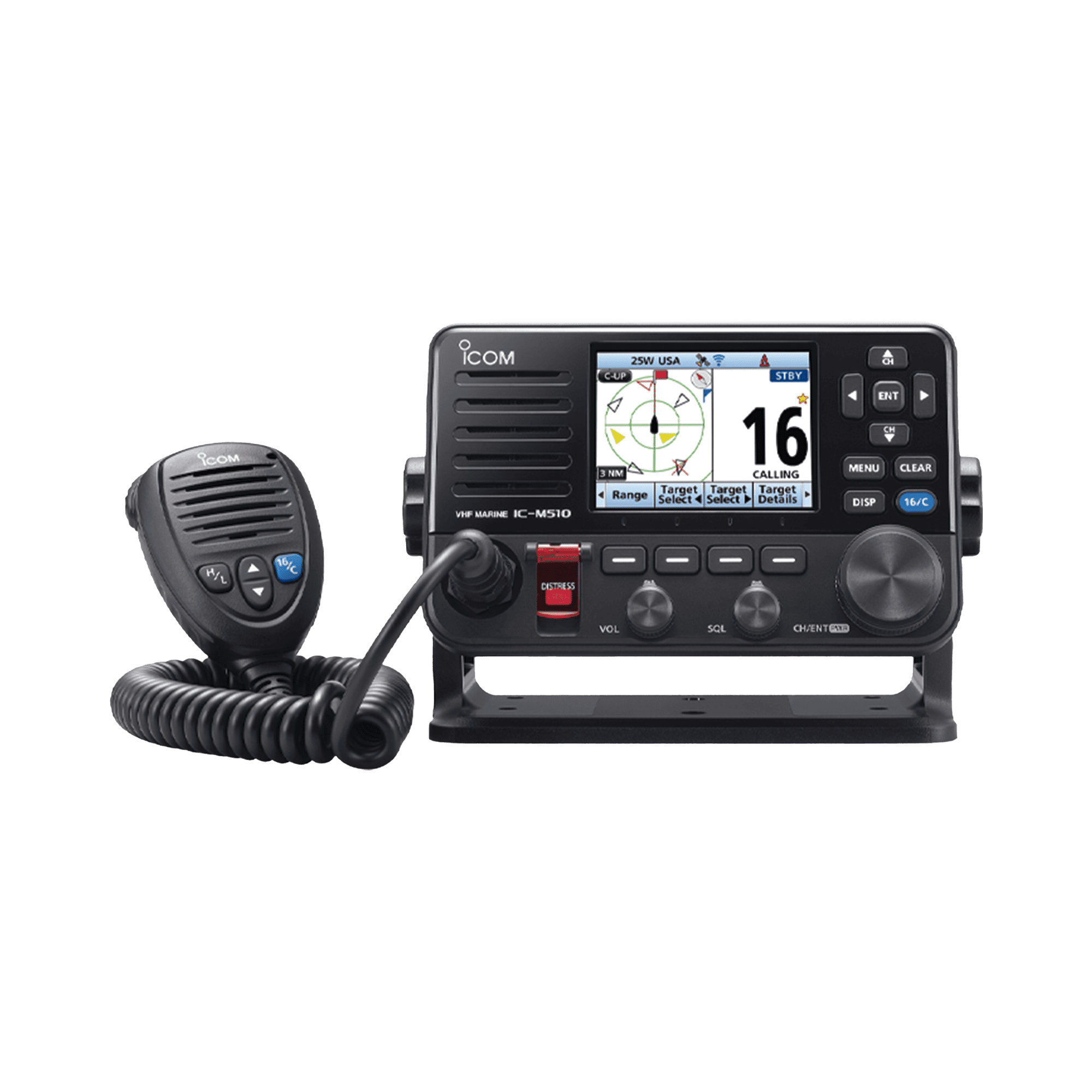 Radio móvil marino VHF clase D, con pantalla a color de 3.5" con conector puerto NMEA 2000 ICM510EVO