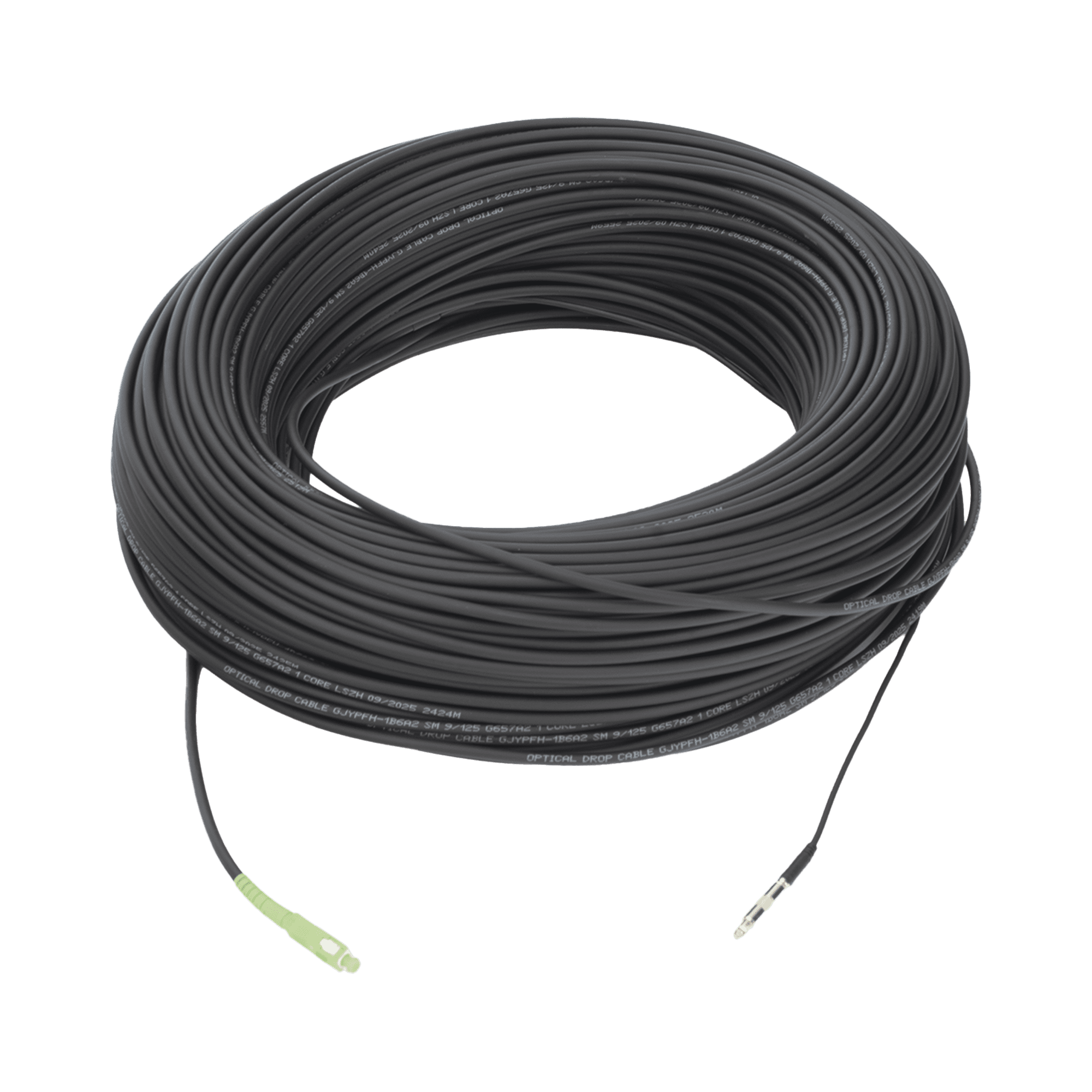 Rollo de Fibra Óptica Drop Redonda G657A2 Monomodo Simplex de 150 Metros con Conectores SC/APC-SC/APC para Instalaciones Aéreas, Subterráneas o a la Intemperie LP-150-SCA