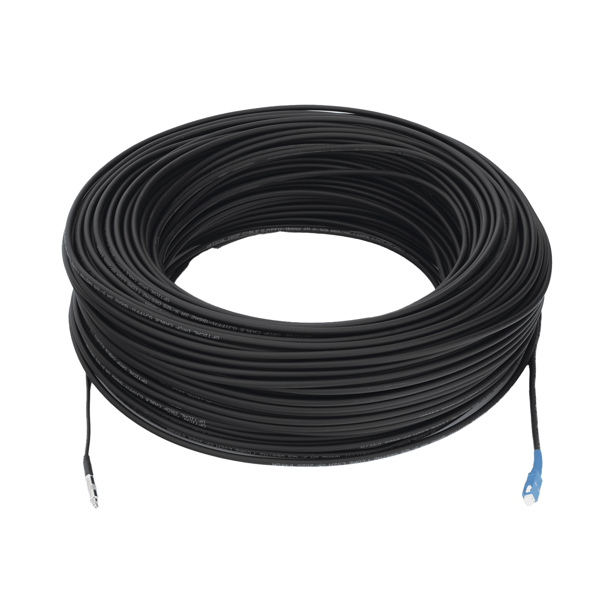 Rollo de Fibra Óptica Drop Redonda G657A2 Monomodo Simplex de 150 Metros con Conectores SC/UPC-SC/UPC para Instalaciones Aéreas, Subterráneas o a la Intemperie LP-150-SCU
