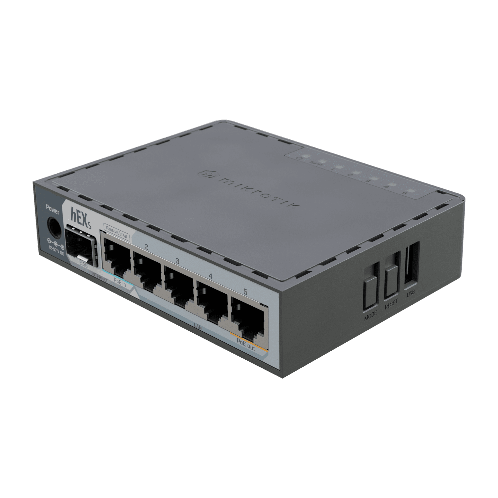 Router hEX S / 5 Puertos Gigabit Ethernet / 1 Puerto SFP 2.5G / Dual-Core ARM / 512 MB RAM / RouterOS V7 / PoE-In y PoE-Out / Montaje en Pared E60IUGS
