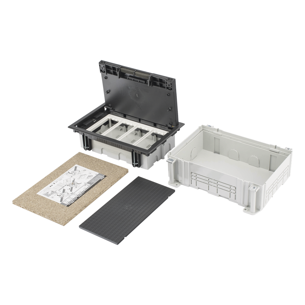 Caja Para Instalación en Pavimento para Voz, Datos o Contactos Eléctricos / Capacidad para 4 Módulos / Espacio Embellecedor en la Tapa / Profundidad Ajustable de 70 a 100 mm / Los Módulos se Adquieren Aparte / Incluye Registro SM-CPAV-4