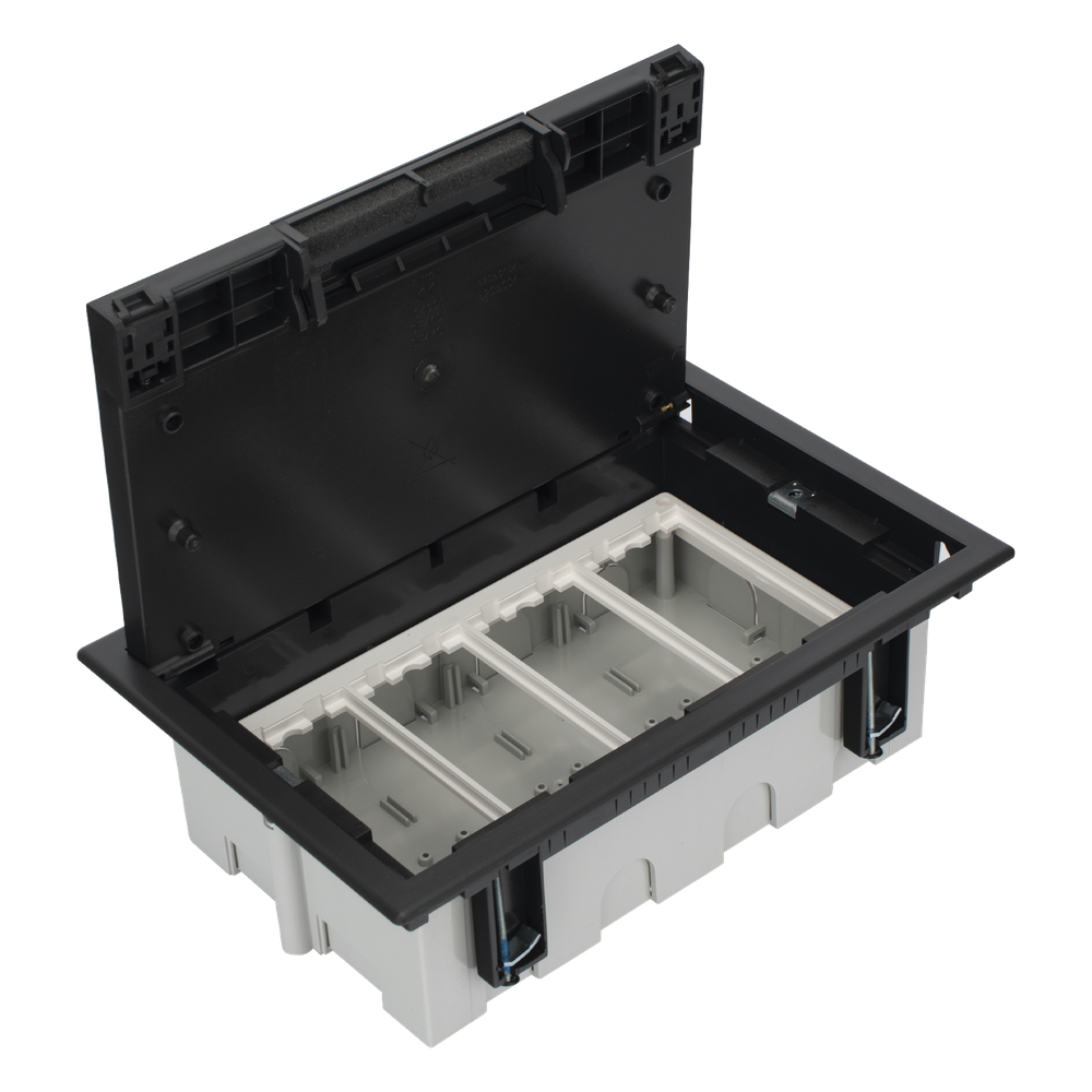 Caja Para Instalación en Piso Falso para Voz, Datos o Contactos Eléctricos / Capacidad para 4 Módulos / Espacio Embellecedor en la Tapa / Profundidad Ajustable de 90 a 120 mm / Los Módulos se Adquieren Aparte / (SF410/14CY) SM-CPF-4