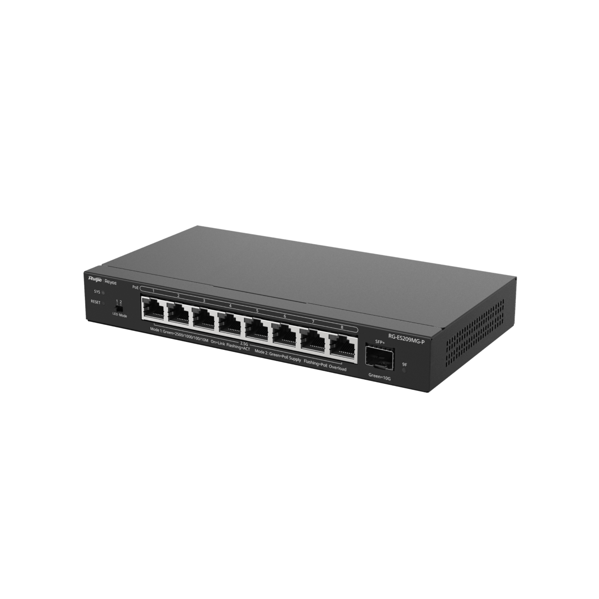 Switch Administrable Capa 2 con PoE+ Multi-Gigabit, 8 puertos 2.5Gb y 1 SFP+ 10G, hasta 130w RG-ES209MG-P