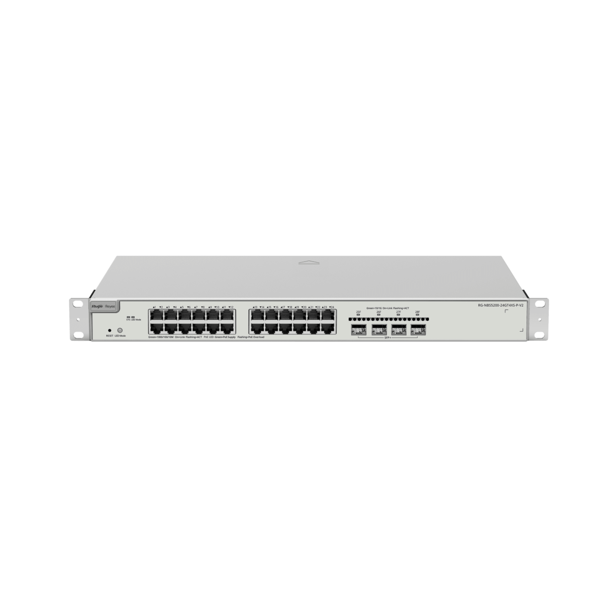 Switch Administrable Capa 3 con 24 puertos Gigabit PoE 802.3af/at + 4 SFP+ para fibra 10Gb, gestión gratuita desde la nube, 370w RG-NBS5200-24GT4XS-P-V2