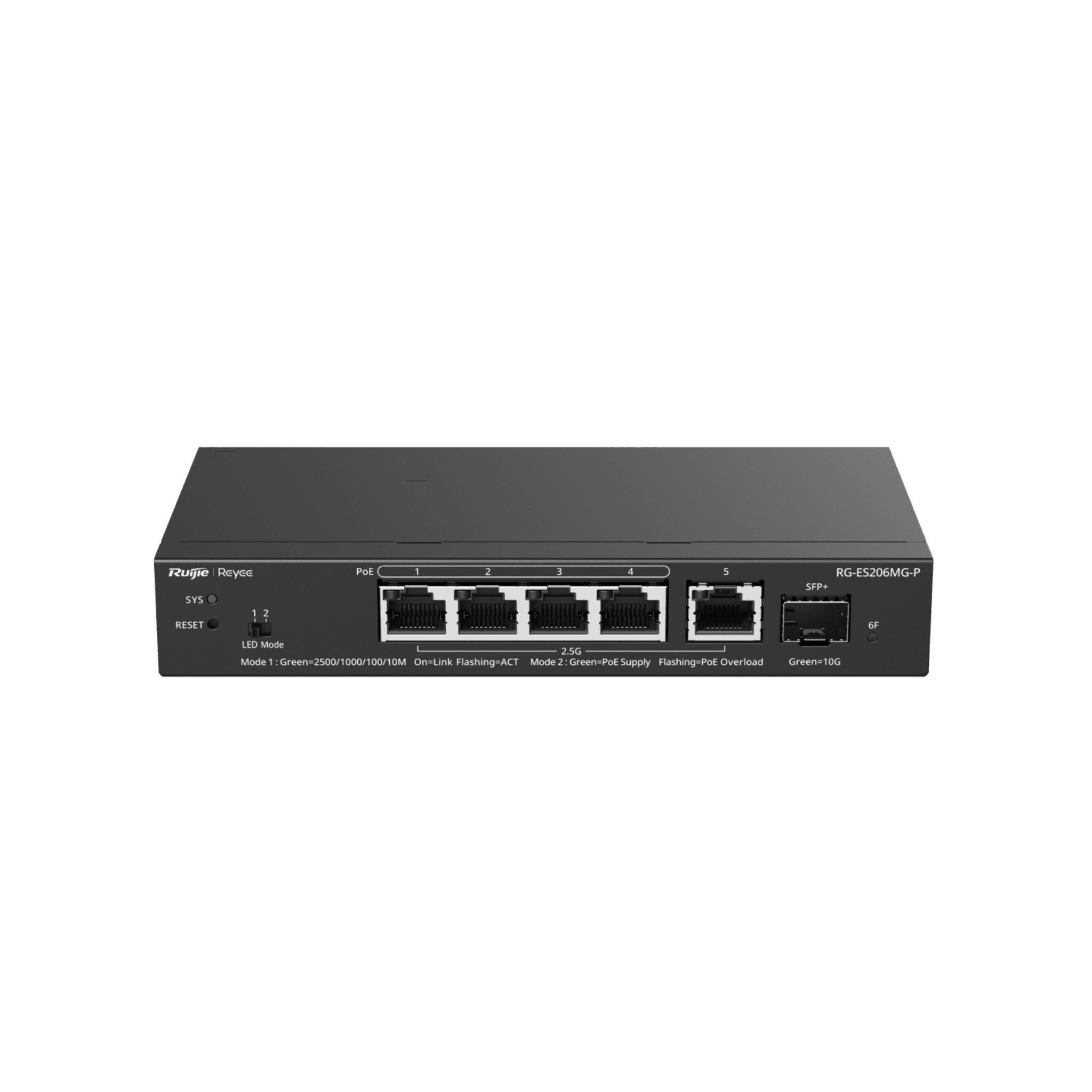 Switch Administrable Capa2 PoE+ con 5 puertos Multi-Gigabit 2.5Gb, hasta 70w PoE RG-ES206MG-P