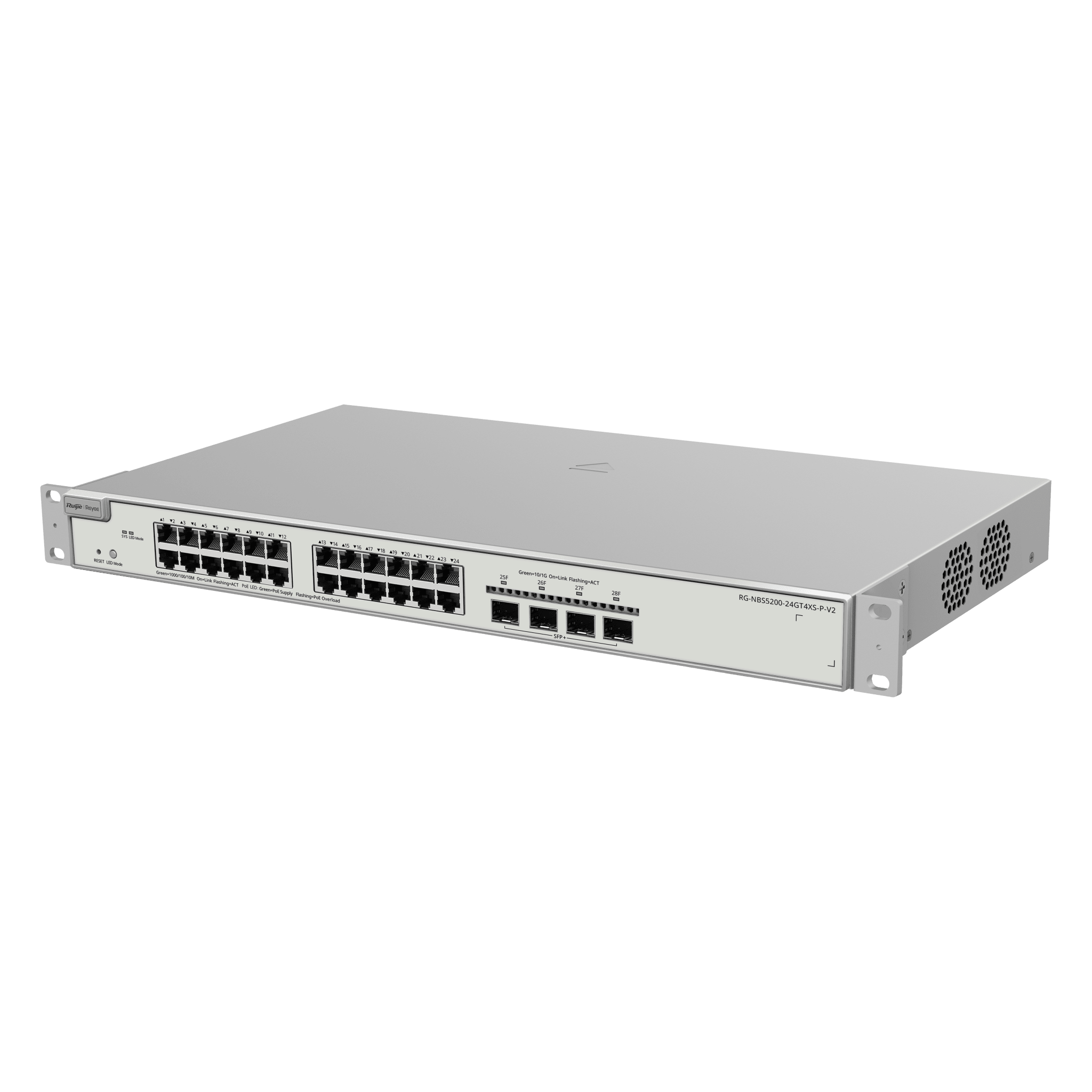 Switch Administrable PoE Capa 2+ Plus, con 24 puertos Gigabit PoE 802.3af/at + 4 SFP+ para fibra 10Gb, gestión gratuita desde la nube, 370w RG-NBS3200-24GT4XS-P-V2