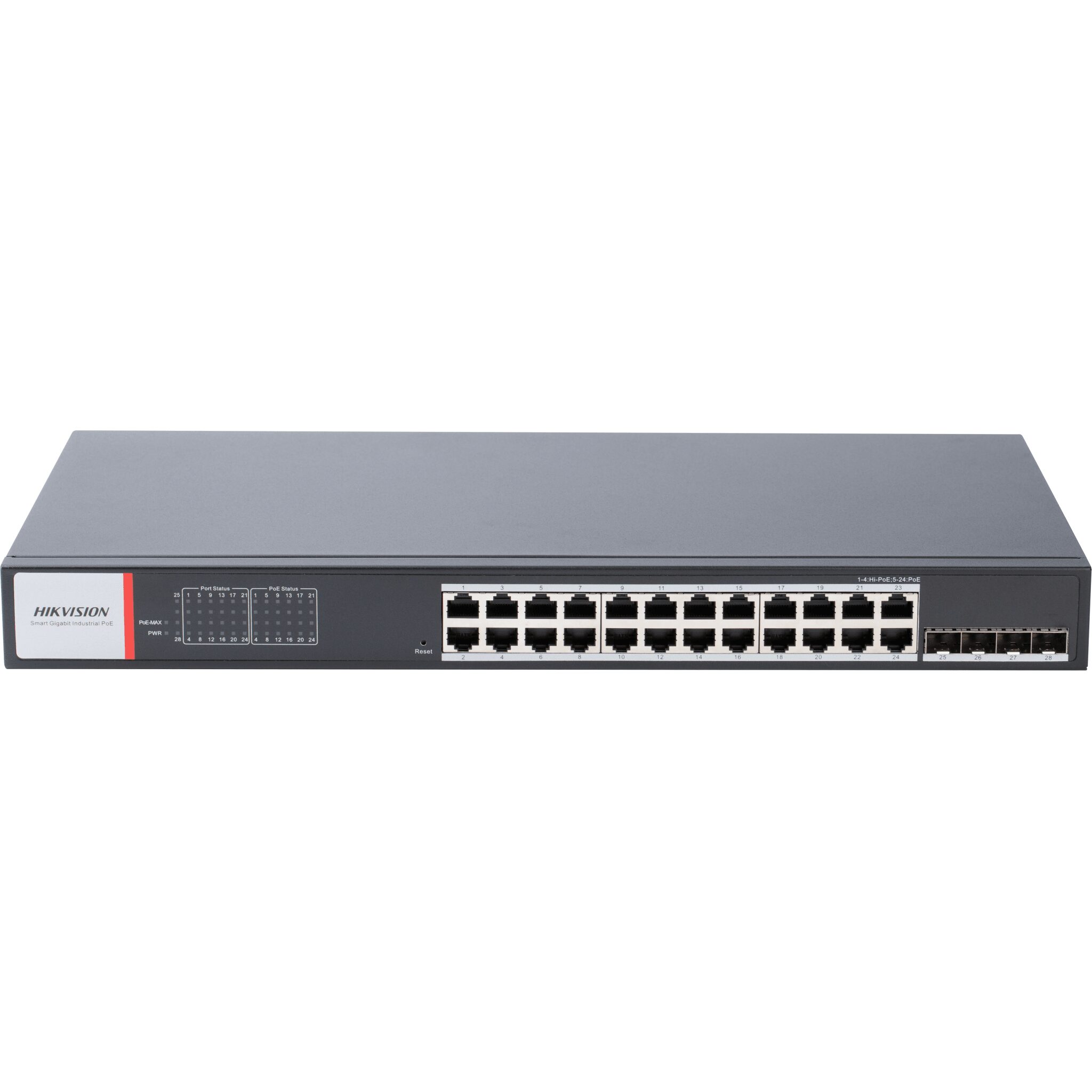 Switch Gigabit PoE+ / Administrable / 24 Puertos 1000 Mbps PoE+ / 4 Puertos SFP / Configuración Nube Hik-PartnerPro / Modo Extendido hasta 300 Metros / 370 W DS-3T1528HP-SI-24P4F