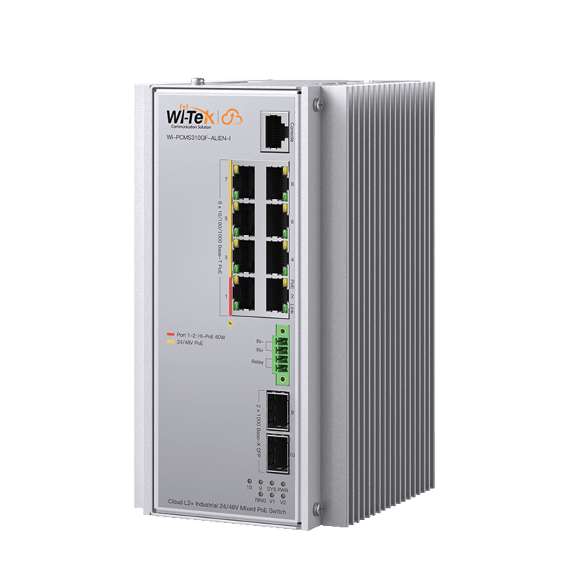 Switch Industrial Administrable Gigabit con 2 Puertos PoE bt + 6 Puertos PoE af/at o 24 V Pasivo + 2 SFP Gigabit, 240 W WI-PCMS310GF-ALIEN-I