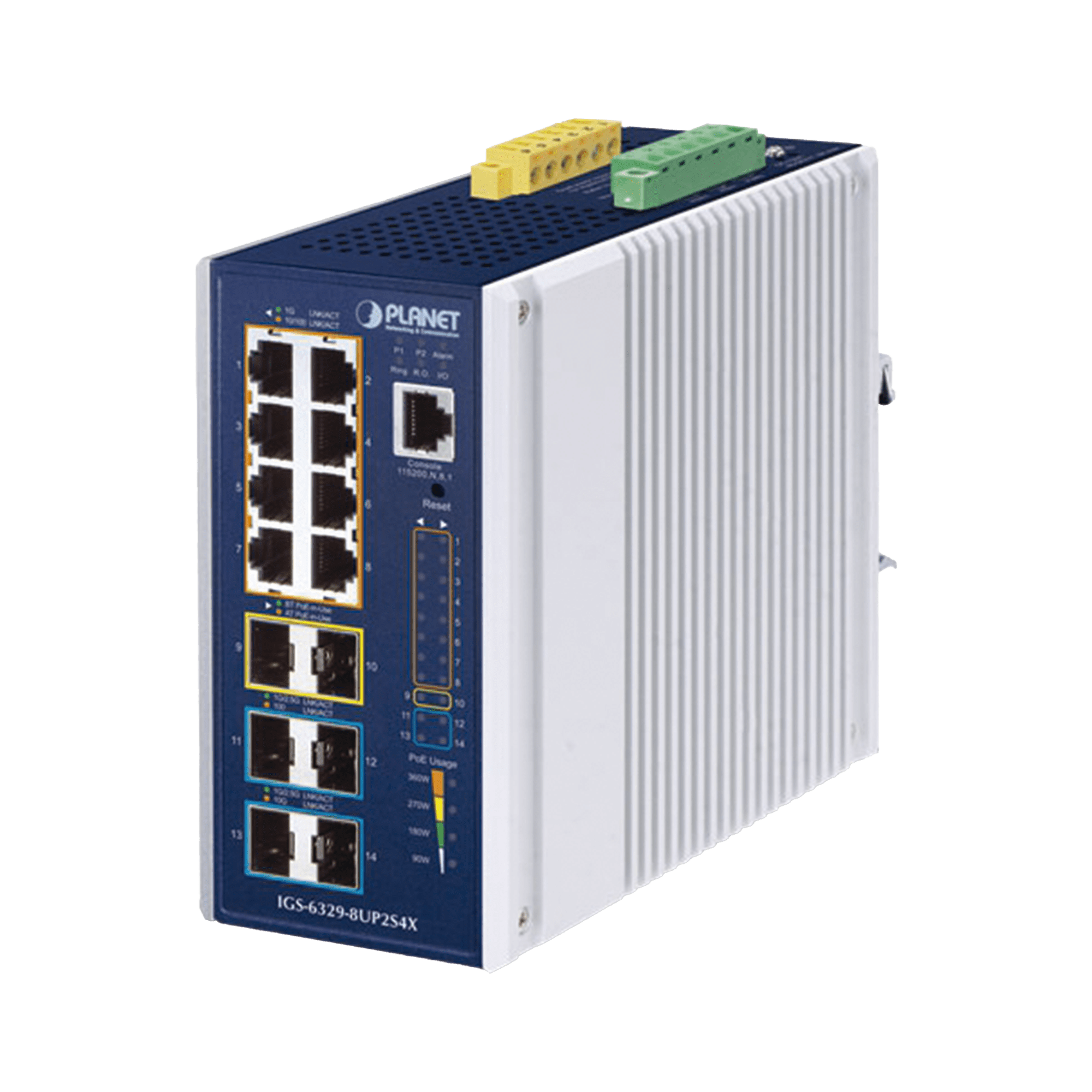 Switch Industrial Capa 3 de 8 Puertos 10/100/1000T PoE 802.3bt, 2 Puertos SFP 1 G/2.5 G, 4 Puertos SFP 10G, Instalación en Pared o Puerto DIN. IGS-6329-8UP2S4X