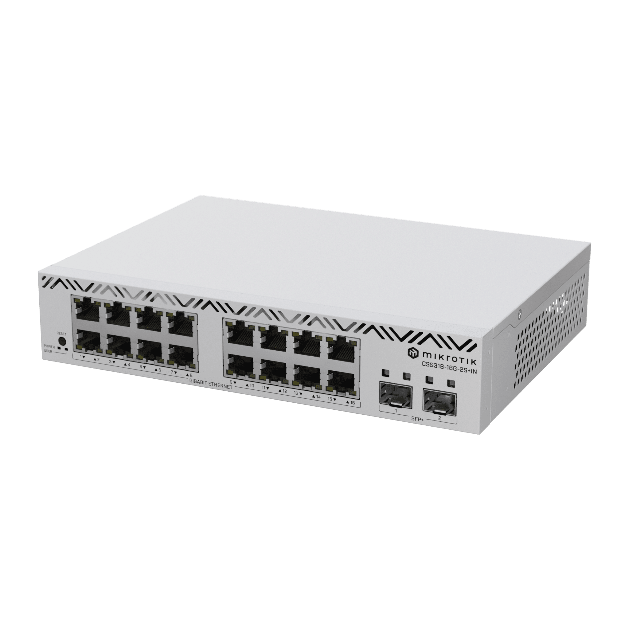 Switch MikroTik con 16 Puertos Gigabit Ethernet / 2 Puertos SFP+ 10G / Filtrado MAC y VLANs / SwOS Configuración Web CSS318-16G-2S+IN