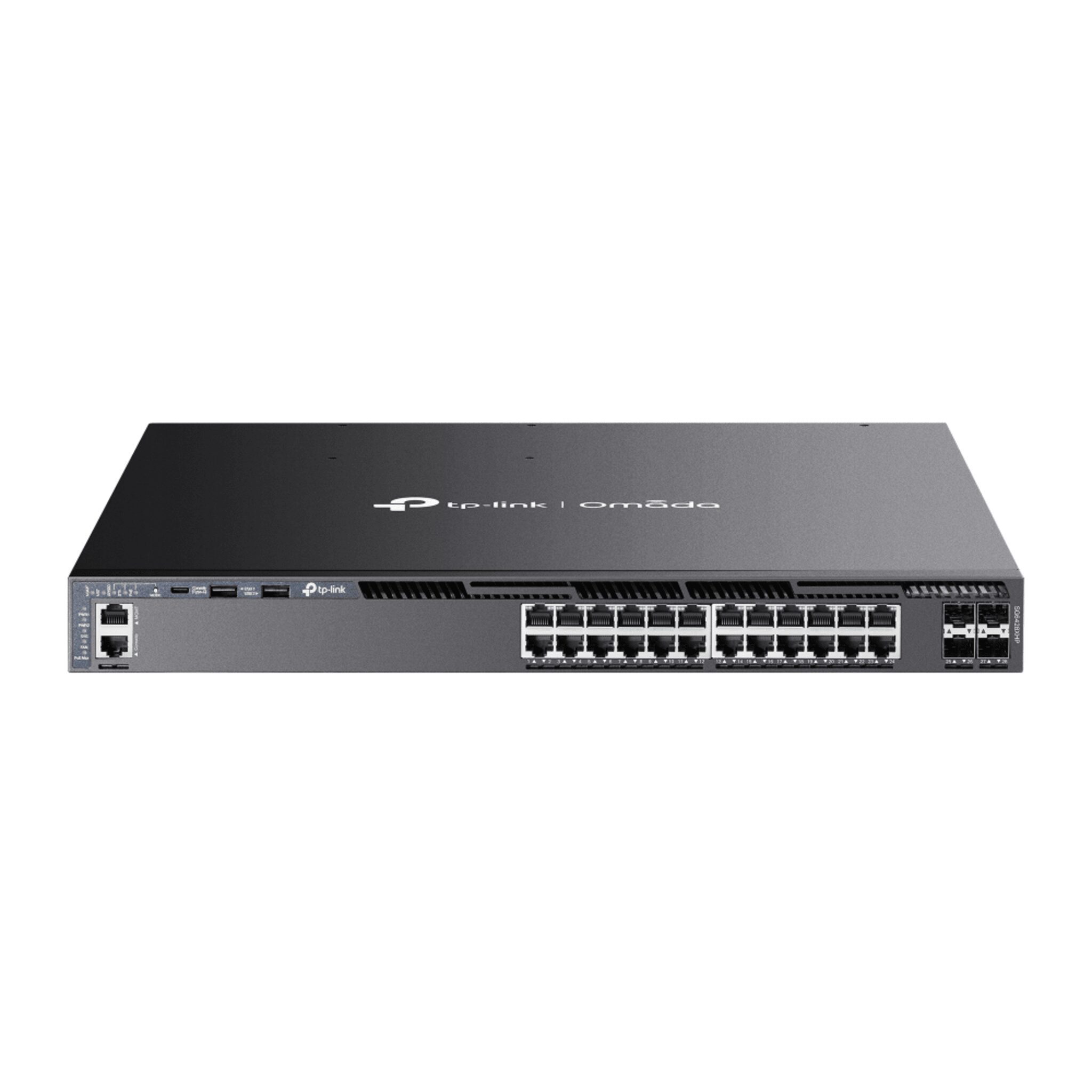 Switch Omada L3 SDN Administrable / 24 puertos PoE af/at Gigabit y 4 puertos SFP+ / Presupuesto PoE 720W / Funciones RIP, VRRP, Servidor DHCP / Administración centralizada OMADA / Fuente Redundante SG6428XHP