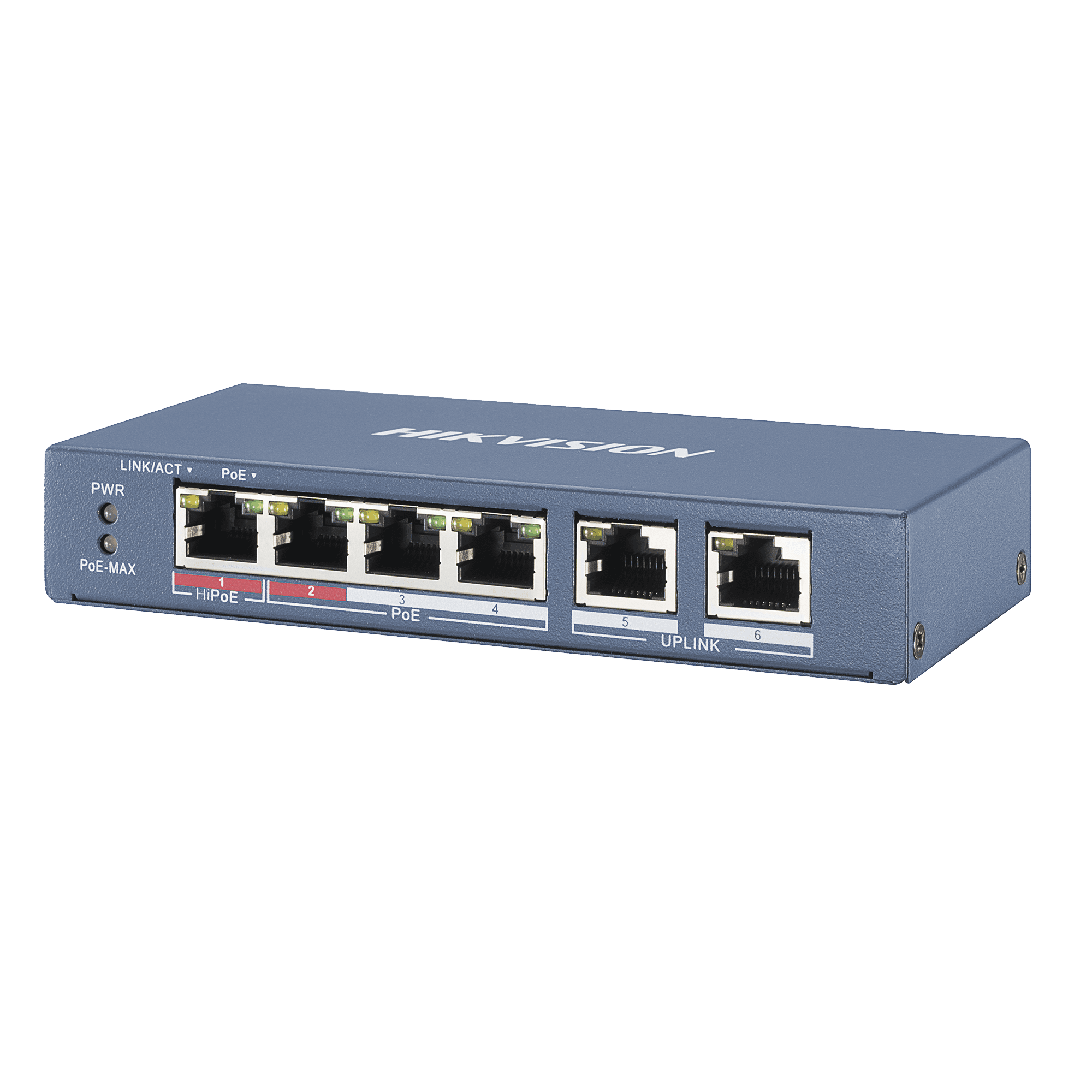 Switch PoE+ / No Administrable / 3 Puertos 10/100 Mbps 802.3 af/at (30 W) + 1 Puerto 10/100 Mbps Hi-PoE (60 W) / 2 Puertos 10/100 Mbps Uplink / Modo Extendido hasta 300 Metros / 60 W DS-3E0106HP-E