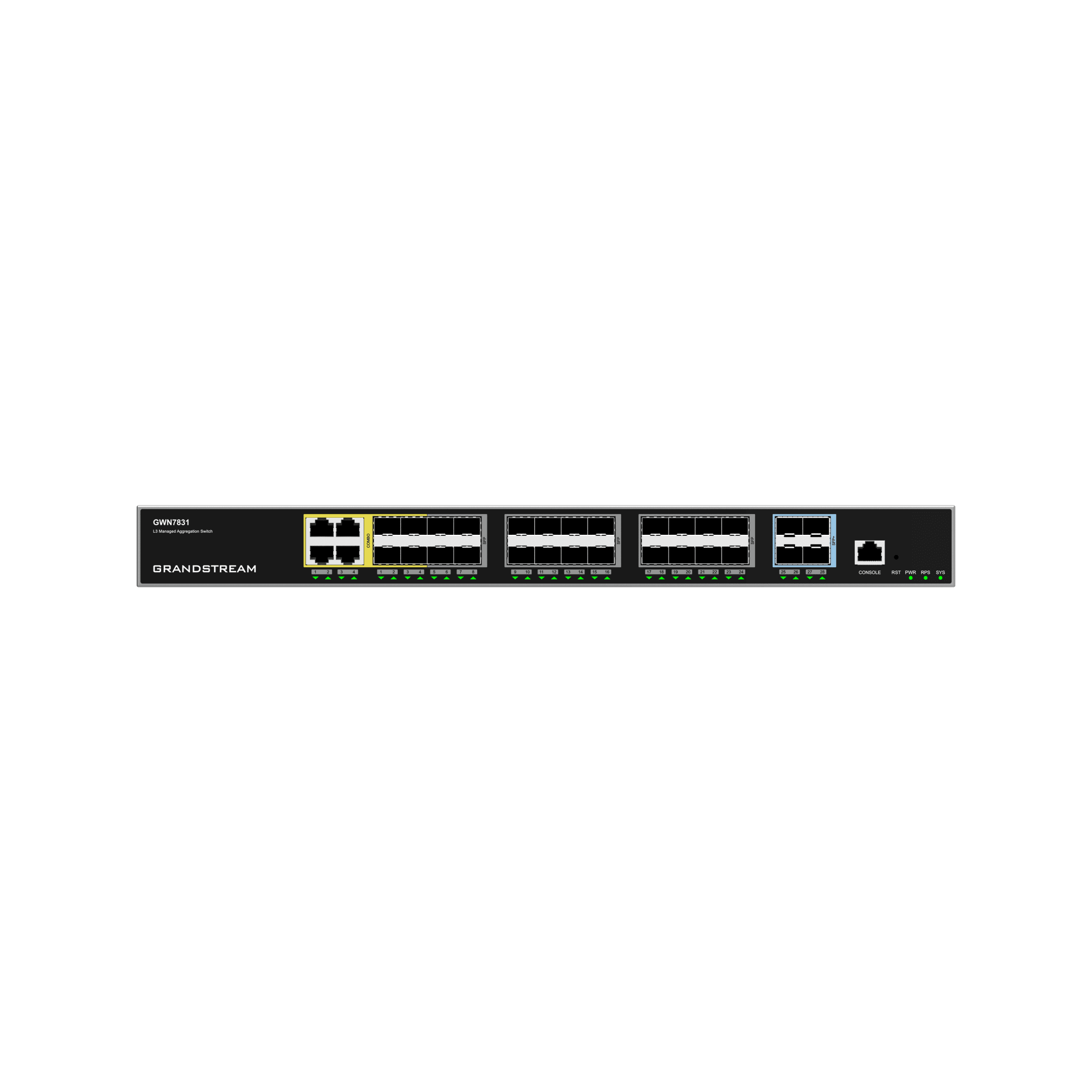 Switch de Agregación Capa 3 / 4 Puertos Gigabit Ethernet / 24 Puertos Gigabit SFP / 4 Puertos 10Gigabit SFP+ / QoS Integrada / Soporte IPv6 e IPv4 / Seguridad Avanzada / Stacking / GWN7831