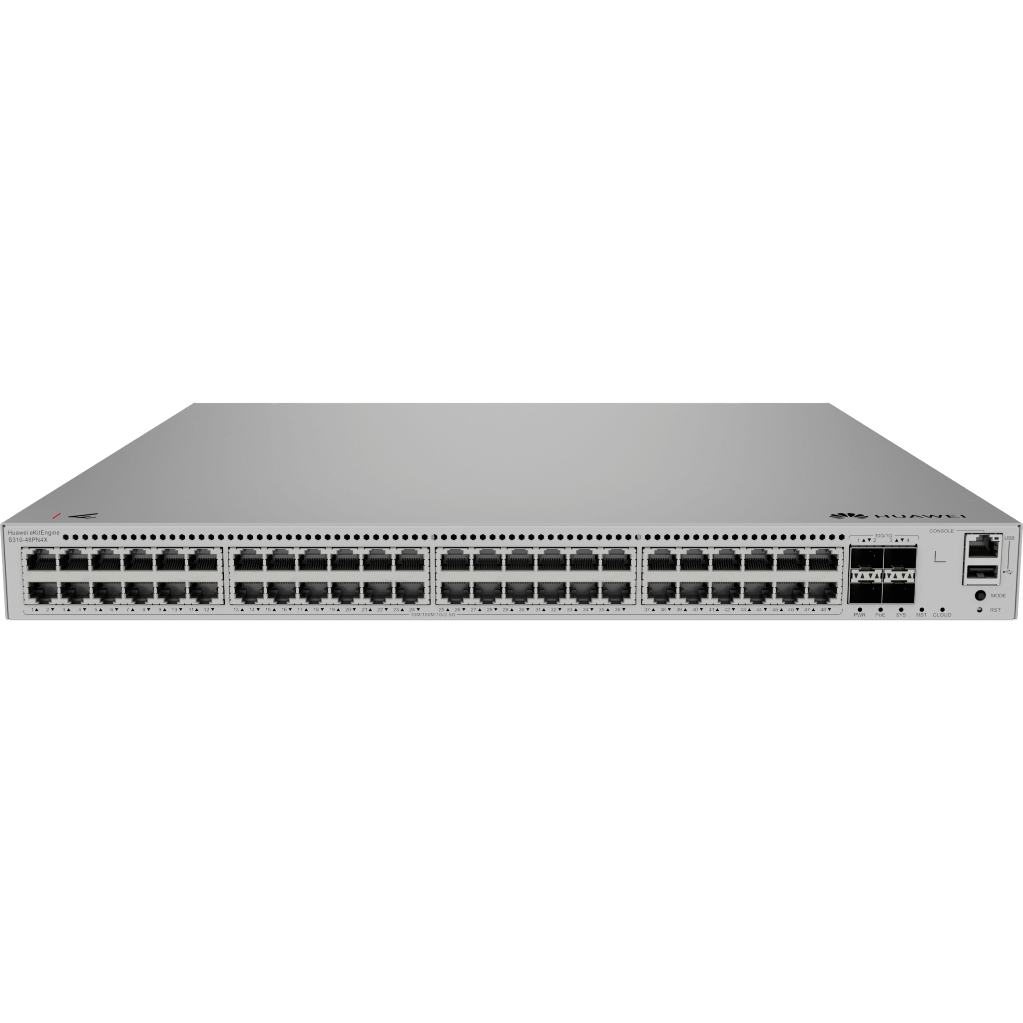 Switch eKit Distribución/Core MultiGigabit PoE+ Capa 3 / 48 puertos PoE+ 2.5 Gbps + 4 SFP+ / iStack / PoE Perpetuo (360 W) / Libre de Licenciamiento S310-48PN4X