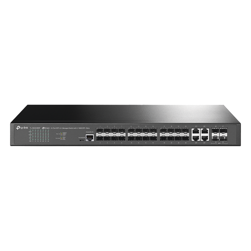 Switch de Fibra Óptica L2+ Omada / 24 puertos SFP 1GE / 4 Puertos Combinados SFP+/RJ45 Gigabit / 2 Puertos Consola RJ45|micro-SUB / Administración Centralizada Omada o Stand-Alone / Compatile con IPv6 / Multicast IGMP TL-SG3428XF
