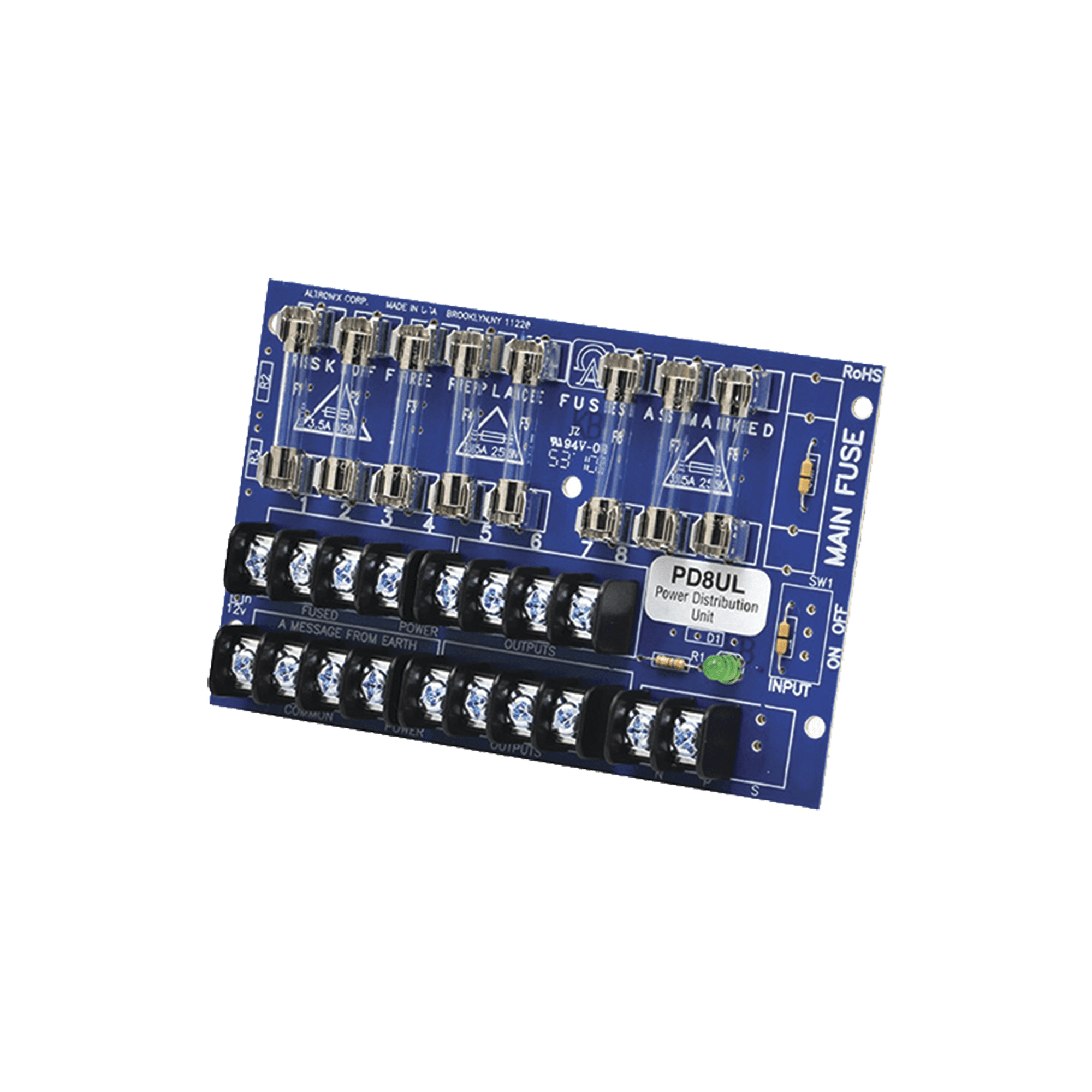 Tablero distribuidor de voltaje, 8 salidas con fusible de protección. Para uso con Fuentes de poder ALTRONIX. PD8UL
