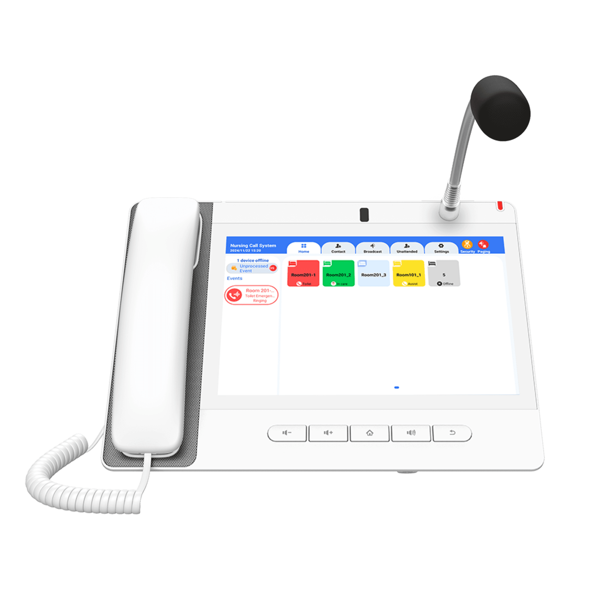 Teléfono IP Color Blanco Android 9.0 Empresarial para voceo 20 líneas SIP, pantalla táctil, Wi-Fi y Bluetooth, PoE, Voceo/ Musica por Multicast, puertos Gigabit, Sofware de Enfermeria A320IW