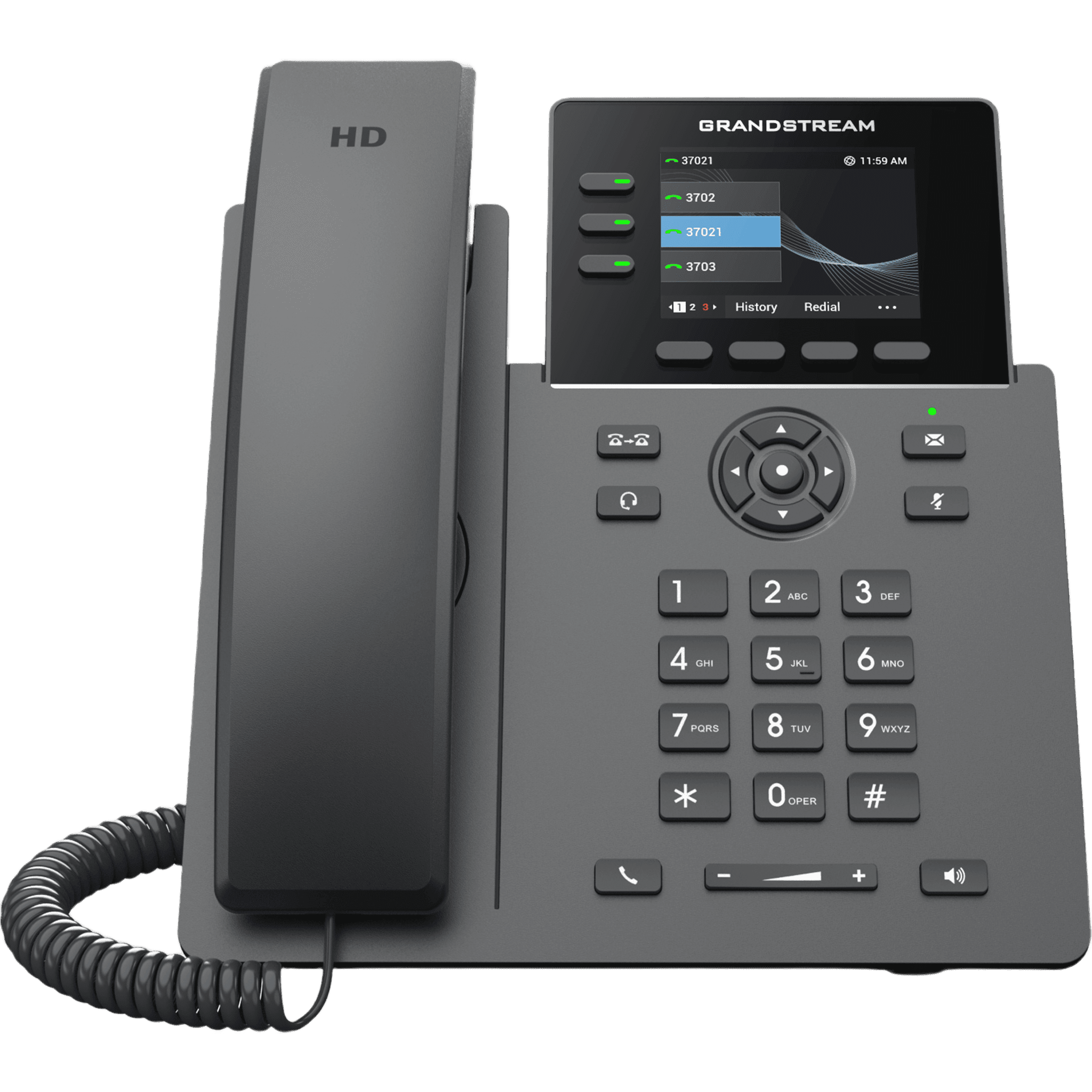 Teléfono IP Grado Operador / 3 Líneas / 12 Botones Virtuales Multiuso / Pantalla LCD 2.8 Pulgadas / Puertos Gigabit con PoE / Audio HD / Compatible con GDMS GRP2611G