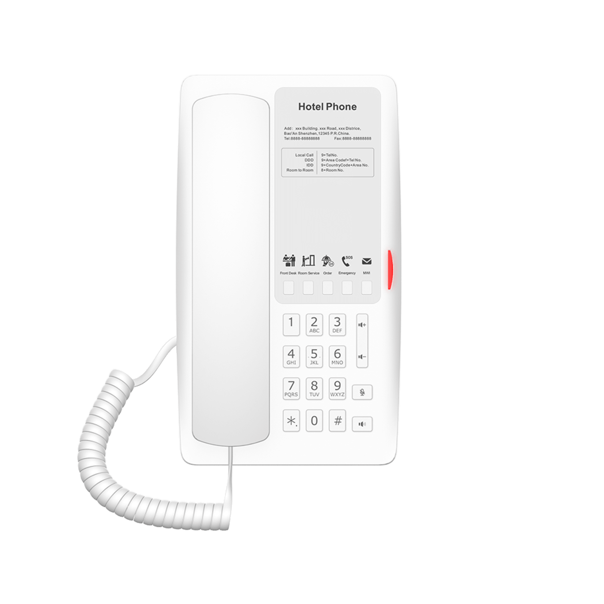 Teléfono IP para Hotelería, Puerto USB-A para Carga, 5 Teclas Programables para Servicio Rápido (Hotline), Plantilla Personalizable con PoE H4W