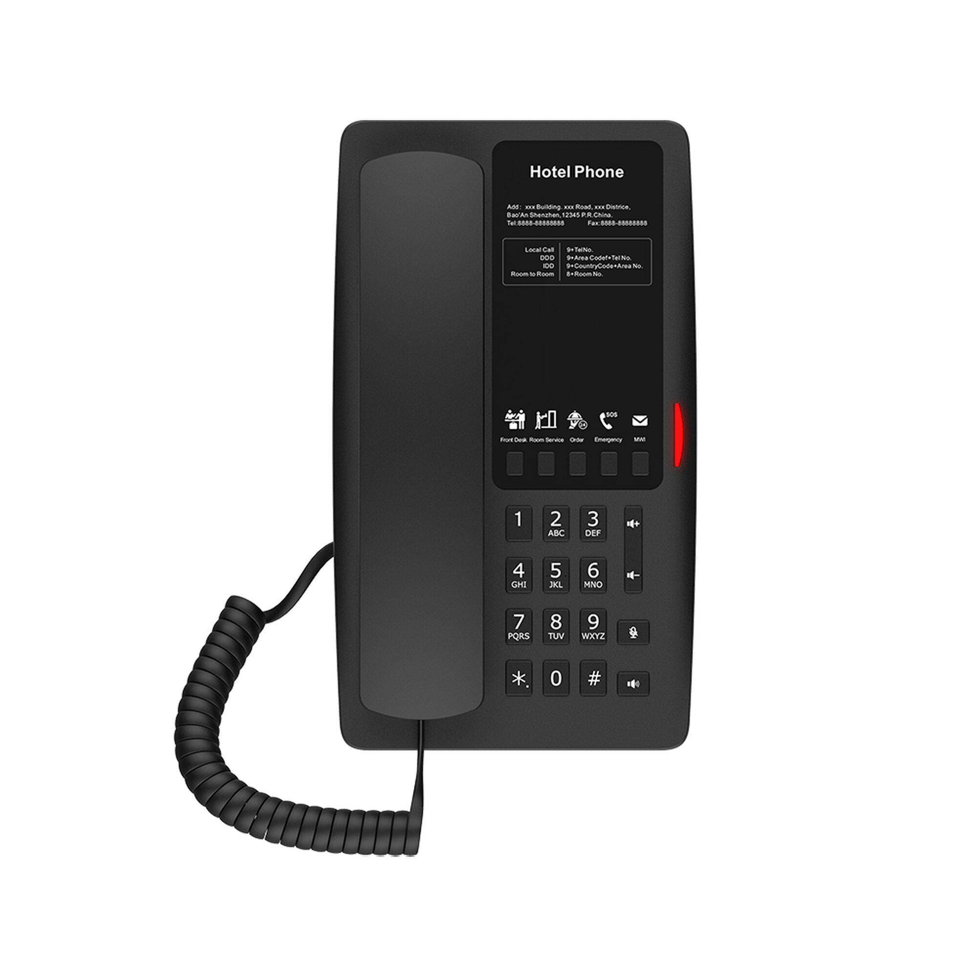 Teléfono IP para Hotelería, Puerto USB-A para carga, 5 teclas programables para servicio rápido (Hotline), plantilla personalizable con PoE H4B