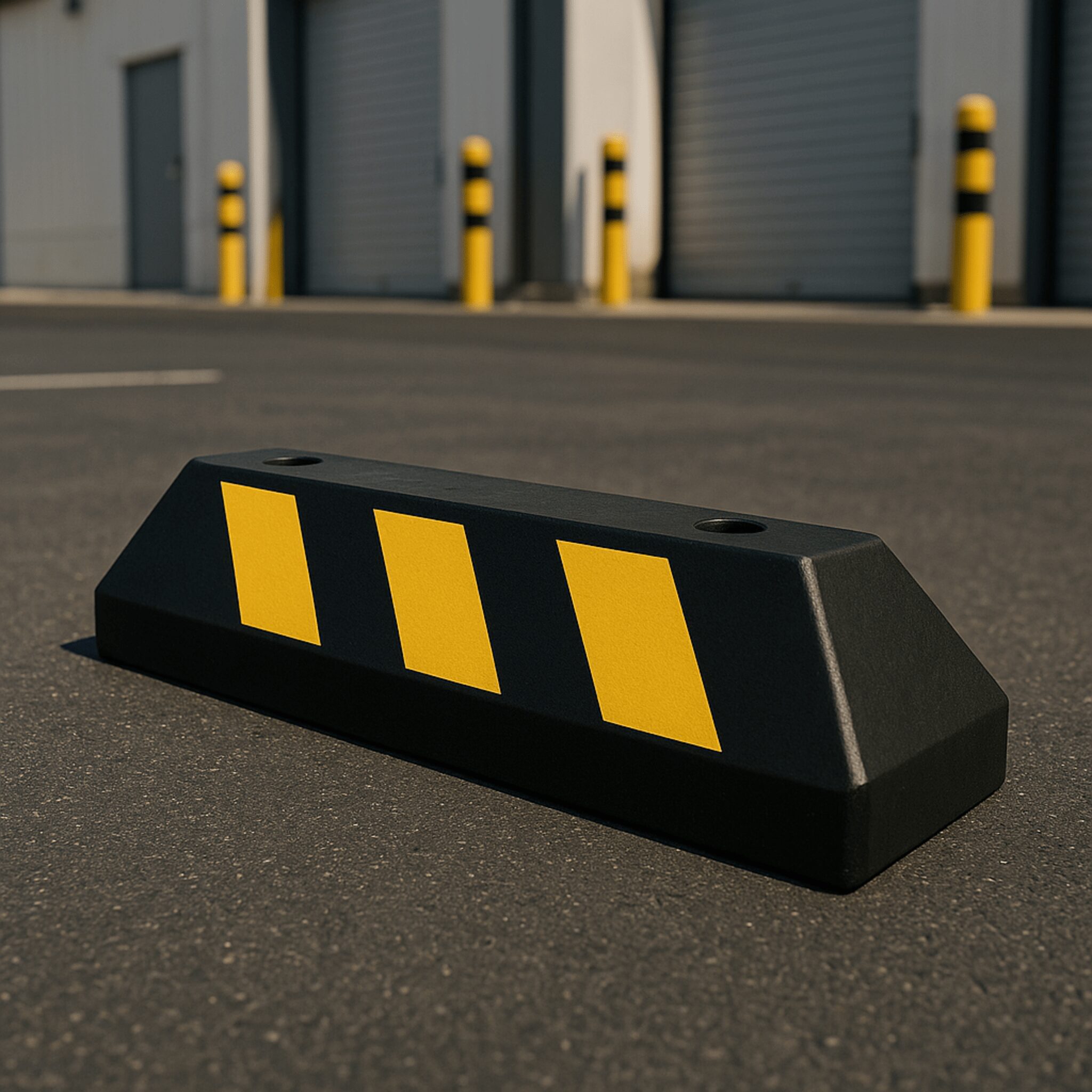 Tope D/ Estacionamiento Vehicular / Hule Reciclado / 55cm / Color Negro con Franjas Amarillas / Resistente y Antideslizante. AC55TV-2