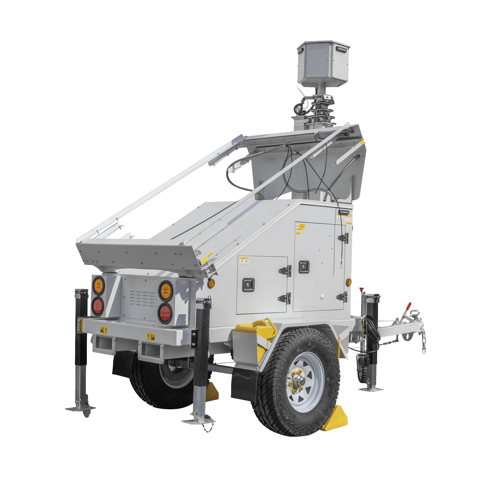 Traila / Remolque con Mástil Retráctil de 7.5 m. para Videovigilancia o Iluminación, con Bases para Instalar Paneles Solares y Baterías (No incluidos) PST-VTS-3P