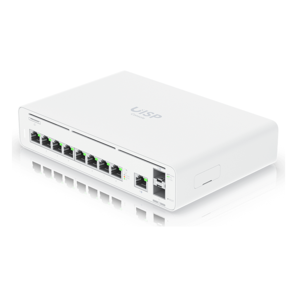 Consola UISP de Ubiquiti / Gateway y Switch de Red Gigabit / Controlador con Plataforma UISP para gestión remota de WISP (airMAX, airFiber, uFiber, LTU, edgeMAX, airCube) / 128 GB SSD / (1) WAN 1GbE / (1) WAN SFP+10G / (8) puertos LAN GbE RJ45 UISP-CONSOLE