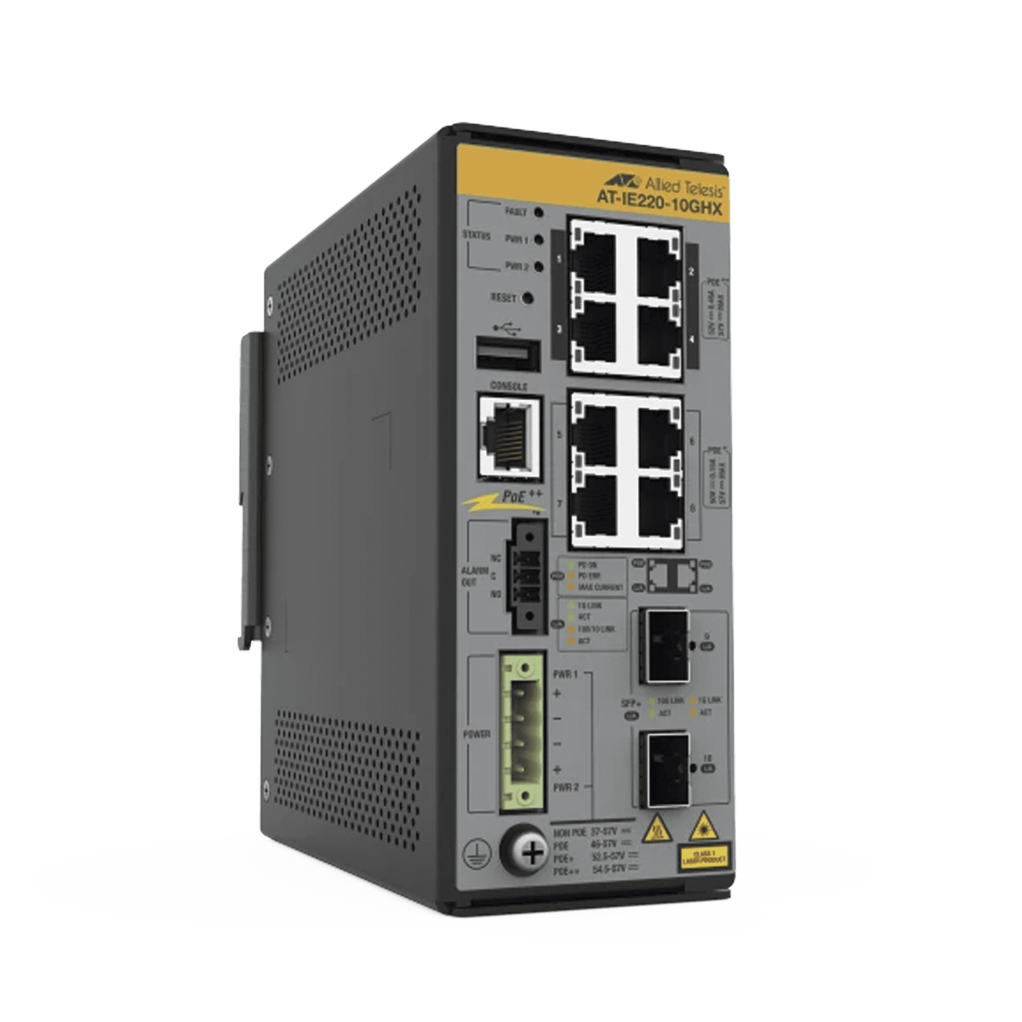 8x 10/100/1000T, 2x 1G/10G SFP+, Industrial Ethernet, Layer 2+ Switch, PoE++ (TAA) AT-IE220-10GHX-980
