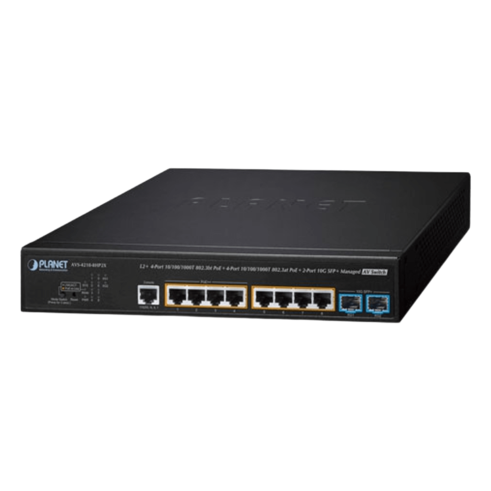 Switch AV Administrable Capa 2/ Compatible con Dante / 4 Puertos Gigabit PoE++ 802.3bt 95W + 4 Puertos Gigabit PoE+ 802.3at 32W + 2 Puertos 10G SFP+ / Presupuesto PoE 240W / Dual UI Pro AV y Standard / Compatibilidad Dante y NDI / Fanless / VLAN Routing I AVS-4210-8HP2X