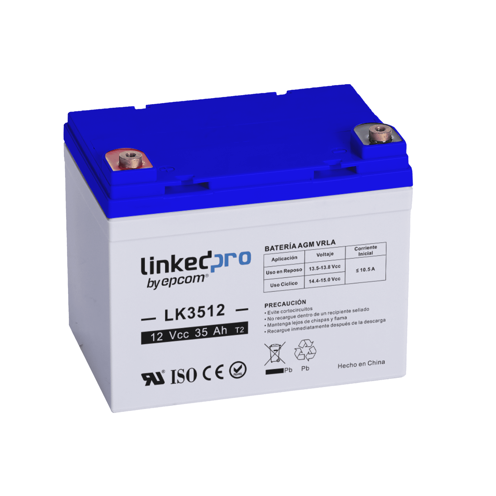 Batería 12 V / 35 Ah / UL / Tecnología AGM / Vida útil promedio de 5 años / Para uso en equipo electrónico, Alarmas de Intrusión / Incendio / Control de acceso / Video Vigilancia / Terminales T1 LK3512