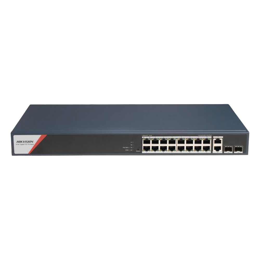 Switch Gigabit PoE+ / Administrable / 16 Puertos 1000 Mbps PoE+ (4 Puertos PoE++ 90 W) / 2 Puertos 1000 Mbps de Uplink / 2 Puertos SFP / Configuración Nube Hik-PartnerPro / Modo Extendido hasta 300 Metros / 230 W DS-3E1520HP-SI-16P2T2F