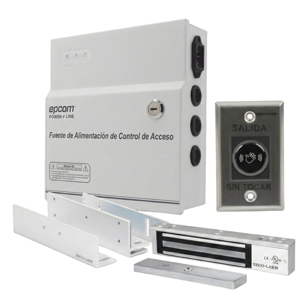 Kit para Control de Acceso Incluye Fuente de 12VCD / Soporta Batería de Respaldo/ Chapa Magnética de 600Lbs / Montajes L y Z / Botón de salida / Certificación UL y ETL E941600/KIT12V